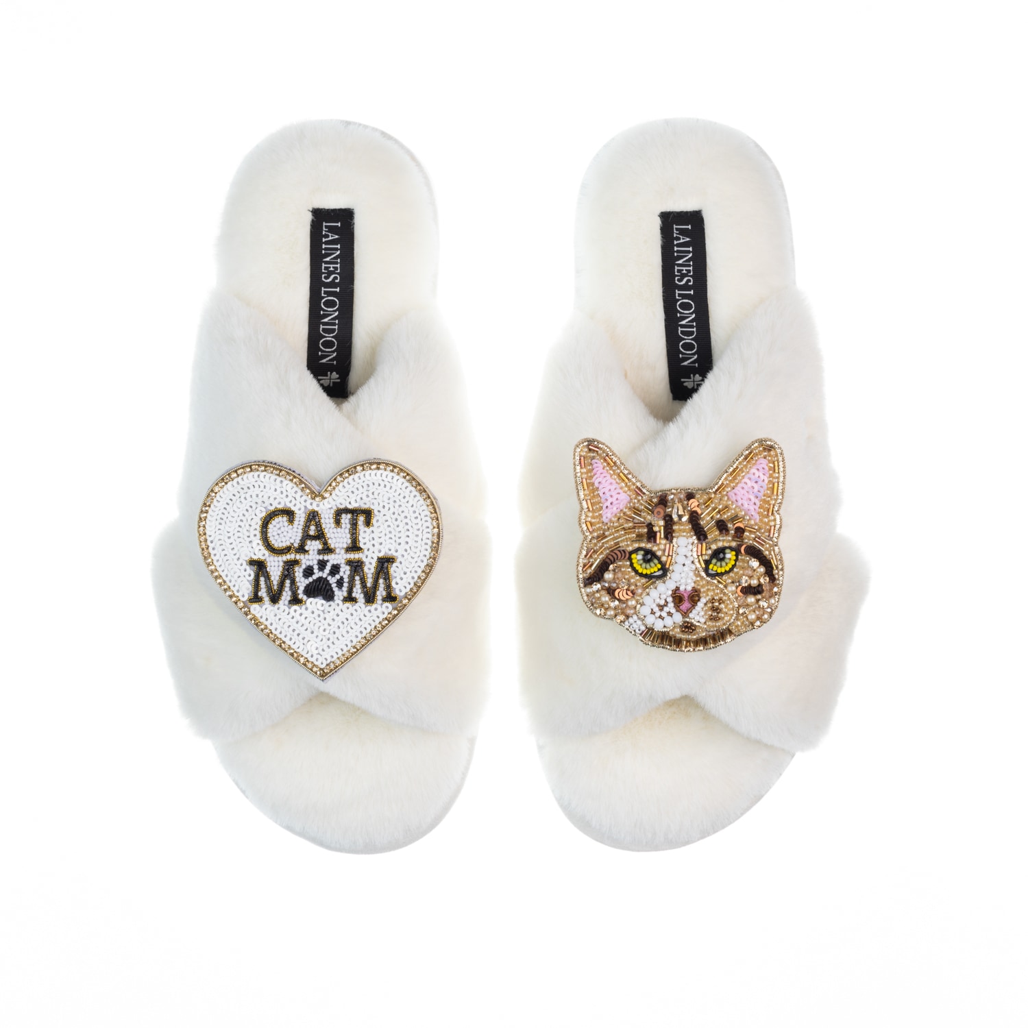 Laines London Women's White Classic Laines Slippers With Cat Mum / Mom & Tabby Cat Brooches - Cream In White