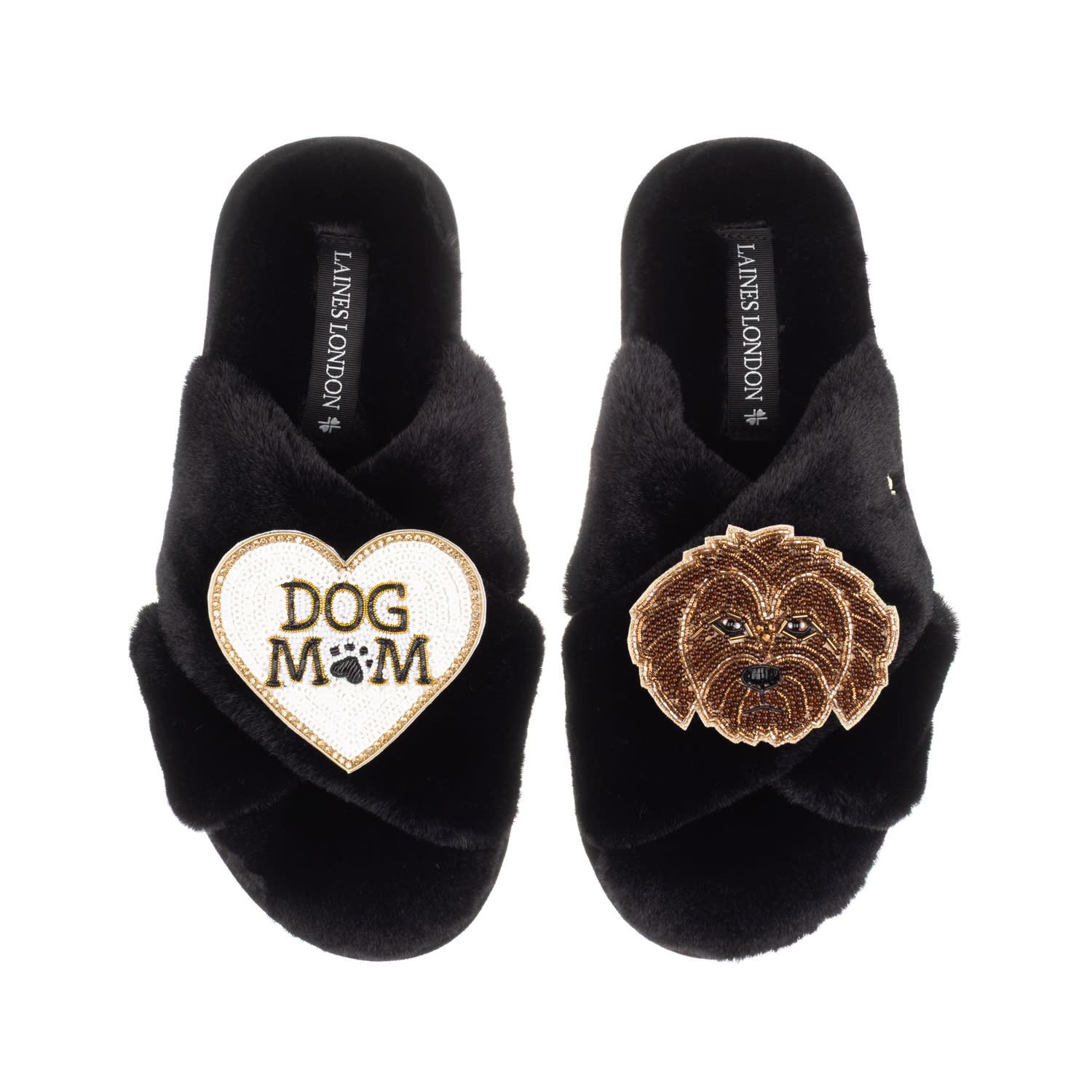 Laines London Women's Classic Laines Slippers With Dog Mum / Mom & Chocolate Cockapoo Brooches - Black In Black