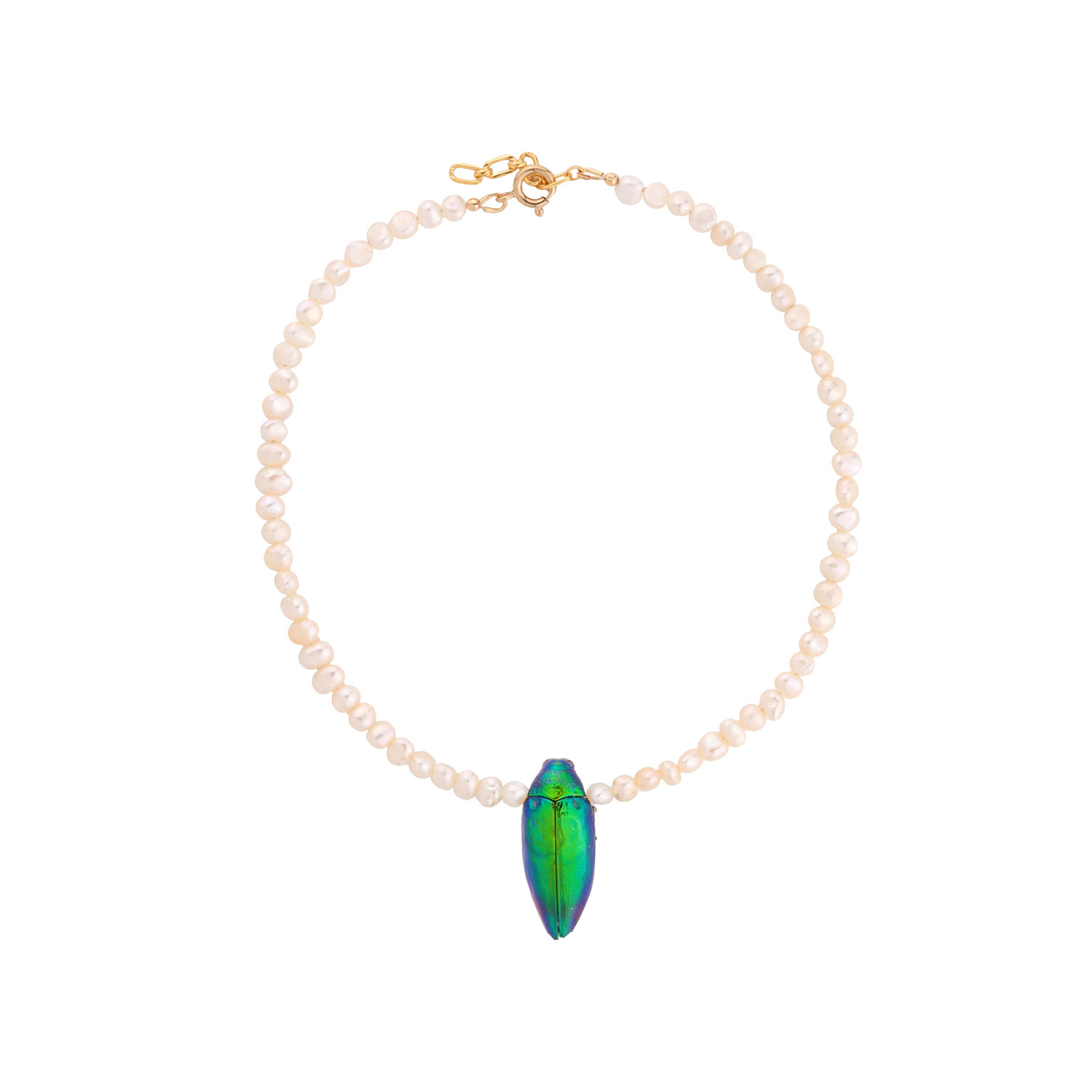 Oanasavu.creations Women's White / Green / Gold Beetle Real Scarab Freshwater Pearls Gold Necklace In Multi