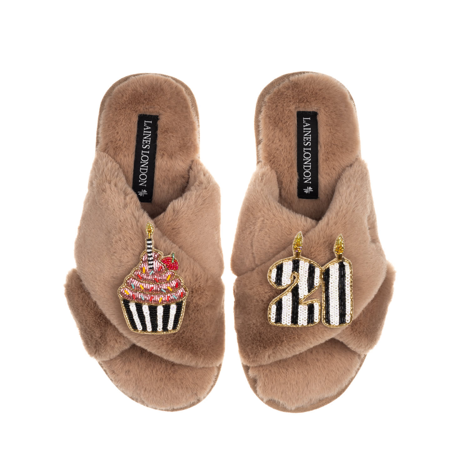 Laines London Women's Brown Classic Laines Slippers With Stripe 21st Birthday & Cake Brooches - Toffee In Brown