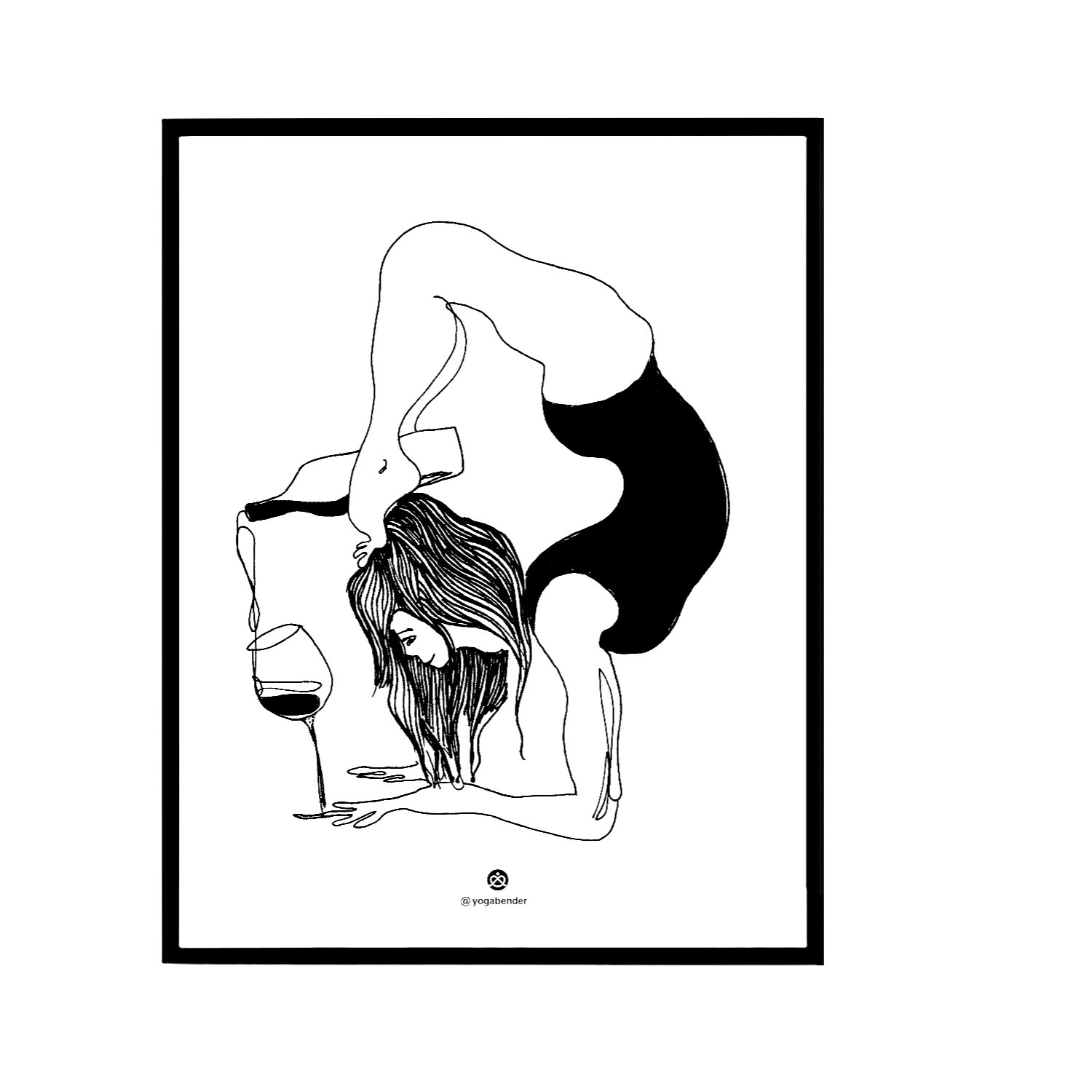 Black / White Woman In Yoga Pose Pouring Wine, Black And White Yoga Art Print Awol