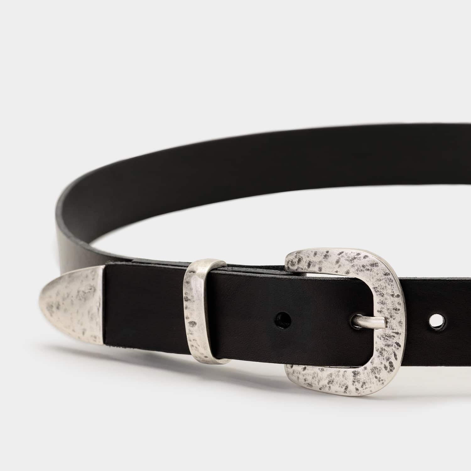 Black Leather Belt With Silver Buckle And Metal Tip | JUAN  display picture 1