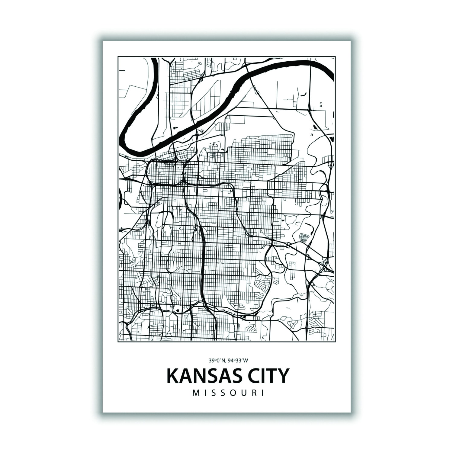 Black Map Of Kansas City A4 210 X 297Mm Stanley Print House