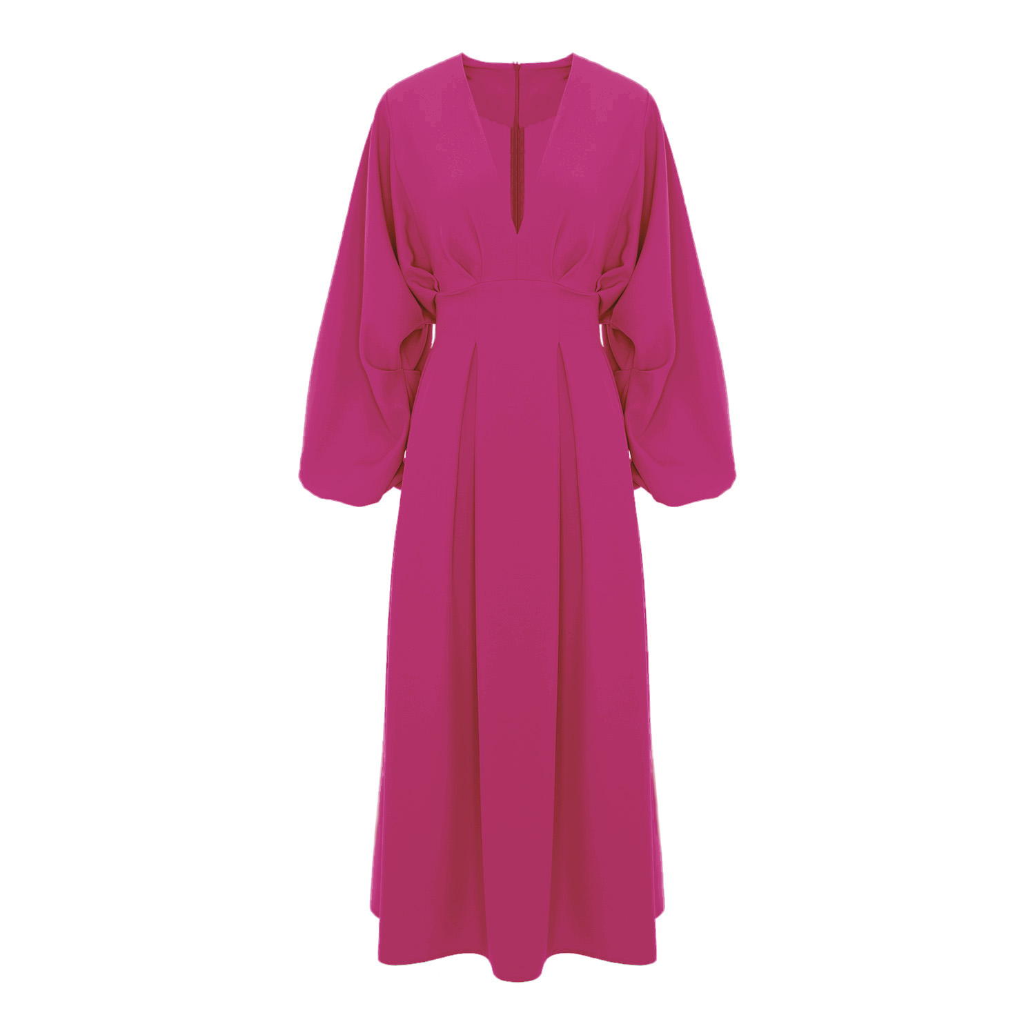 Bluzat Women's Pink / Purple Fuchsia Midi Dress With Balloon Sleeves And V-neck