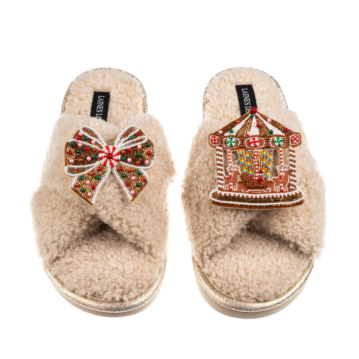 Laines London Women's Brown / Neutrals Laines Boucle Slippers With Christmas Gingerbread Bow & Carousel Brooches - In Brown