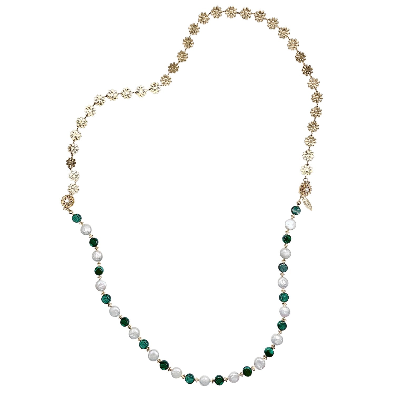 Farra Women's Green Coin Shaped Malachite And Freshwater Pearls With Flower Chain Versatile Necklace