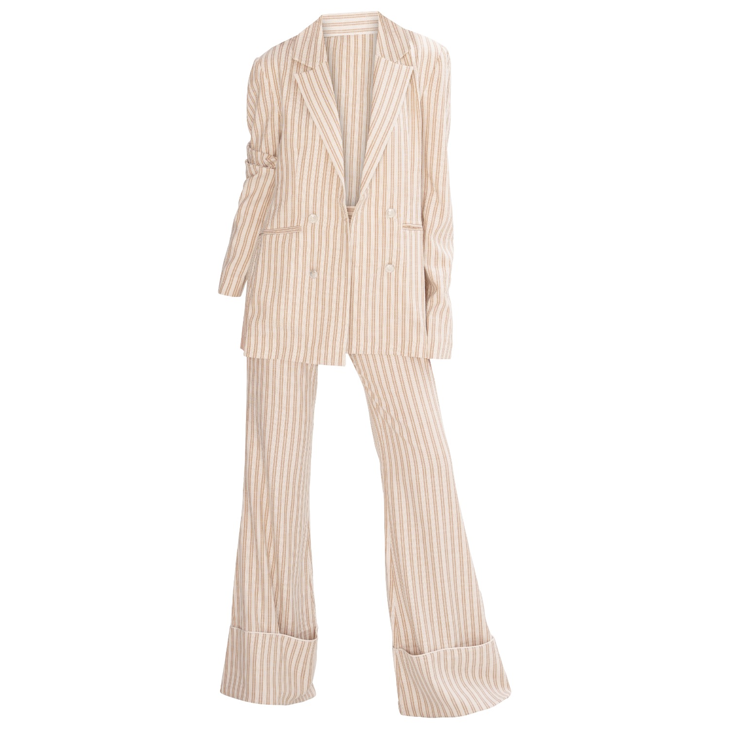 Mov White / Brown Striped Linen Suit. Blazer With Flared Pants - Beige In White/brown