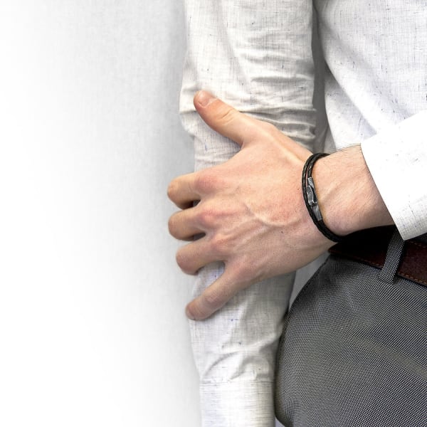 ANCHOR & CREW MEN'S SILVER / BLACK COAL BLACK LIVERPOOL SILVER & BRAIDED LEATHER BRACELET