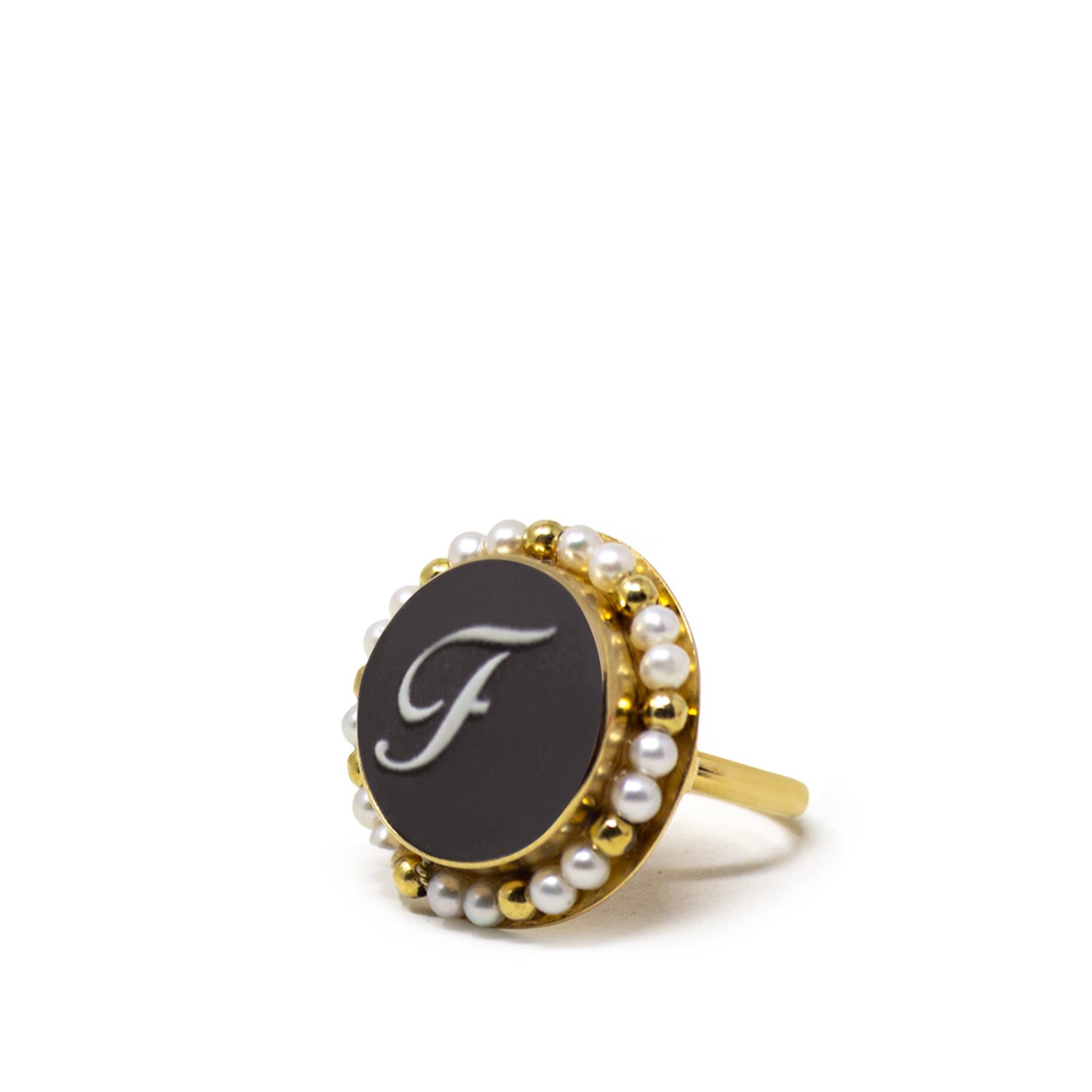 Women’s Gold / Black Gold Vermeil Black Cameo Pearl Ring Initial F Vintouch Italy