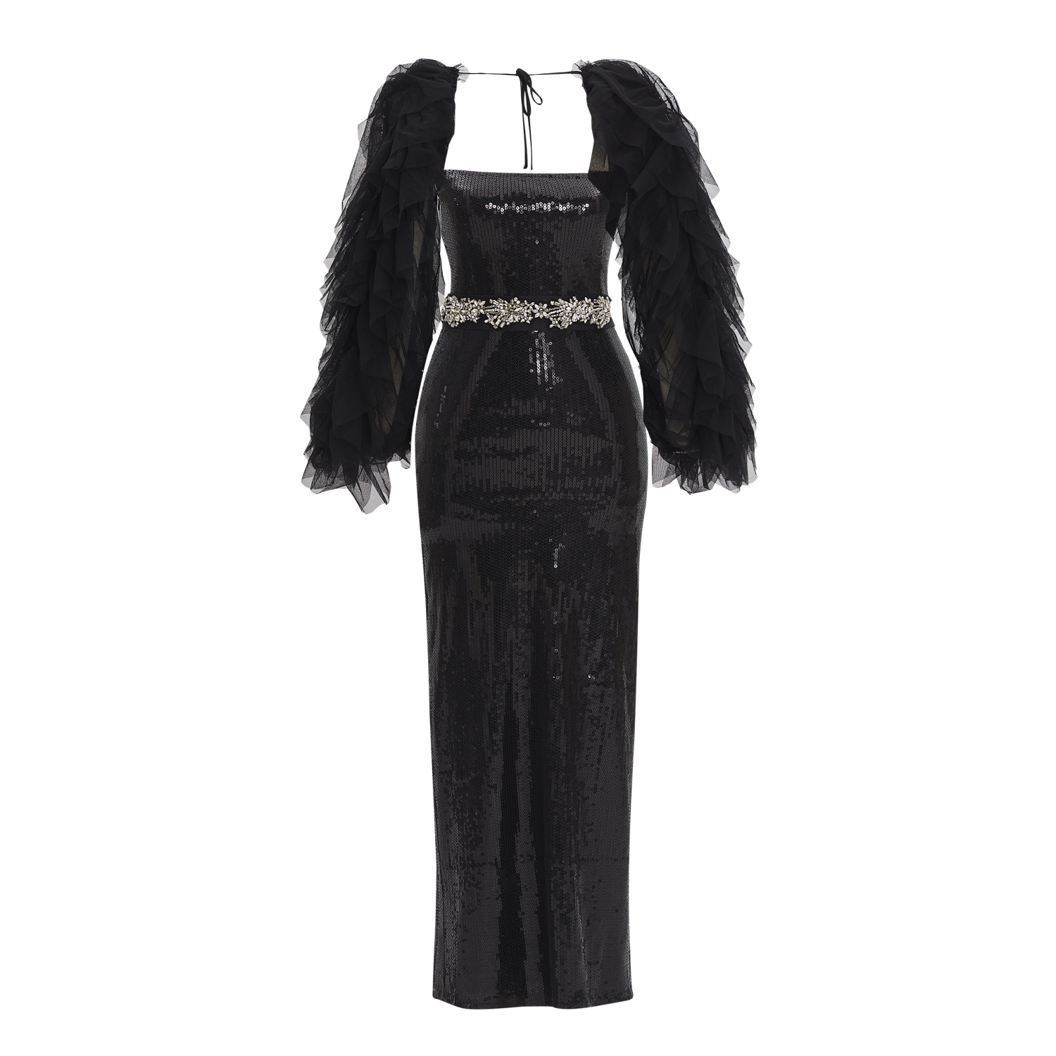 パーティードレス Black Sequinned Gown With Cape 21SIX-FW24-21SV00777-21SA00777