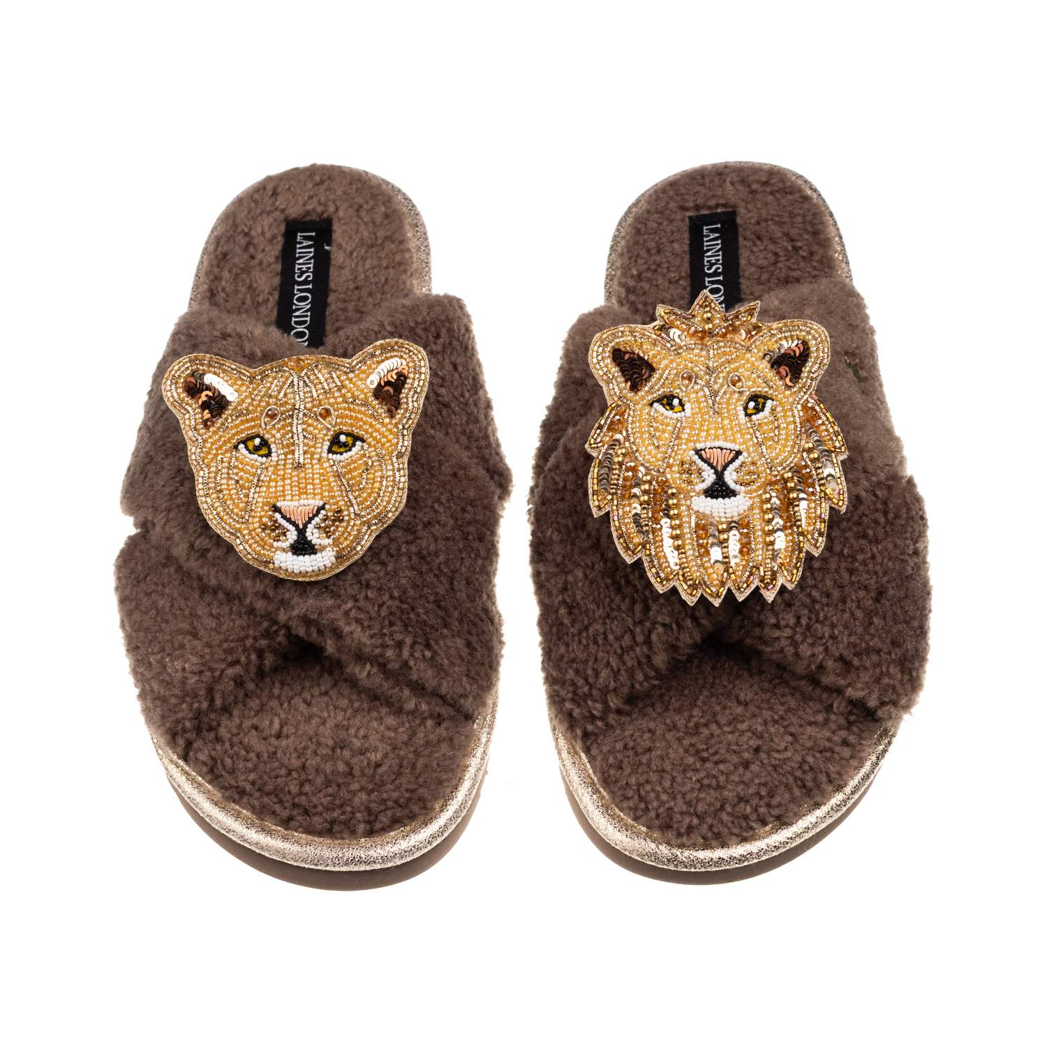 Laines London Women's Brown / Neutrals Laines Neutral Boucle Slippers With Lion & Lioness Brooches - Mink