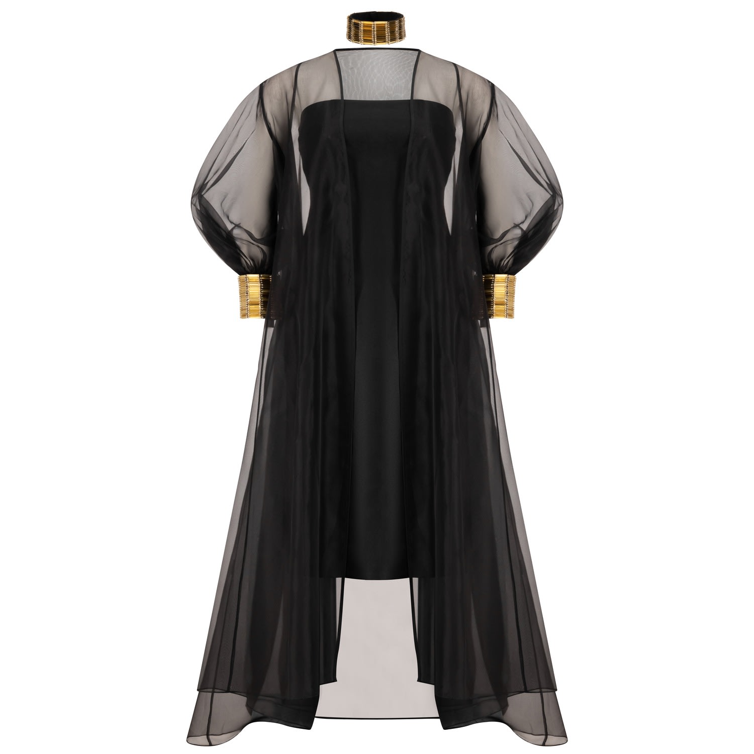 Azzalia Women's Silk Organza Abaya In Princess Cut With Puffed Sleeves And A Fully Embroidered Cuff With Met In Yellow