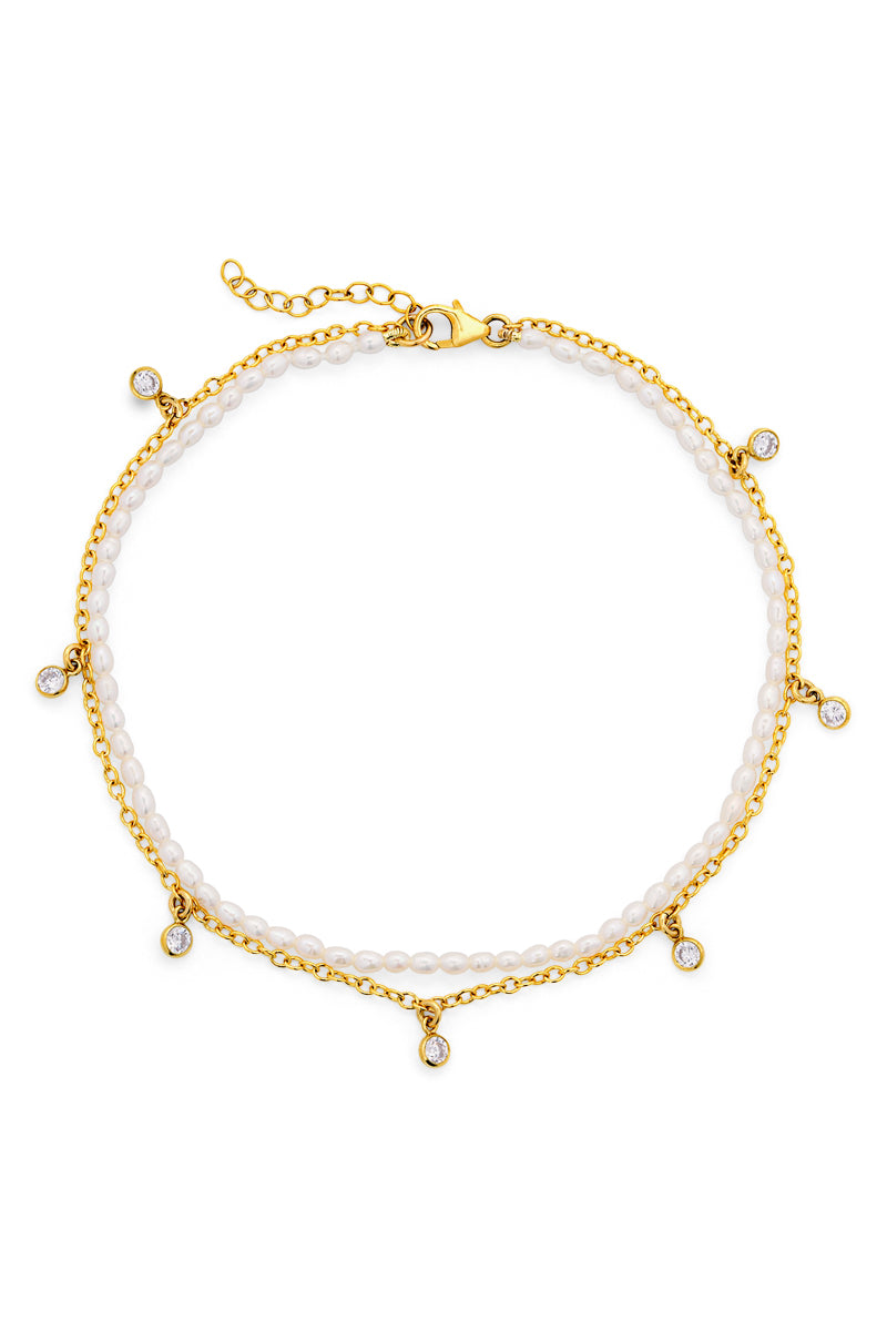 Women’s Rose Gold Cz Gemstone And Pearl Double Anklet Naiia