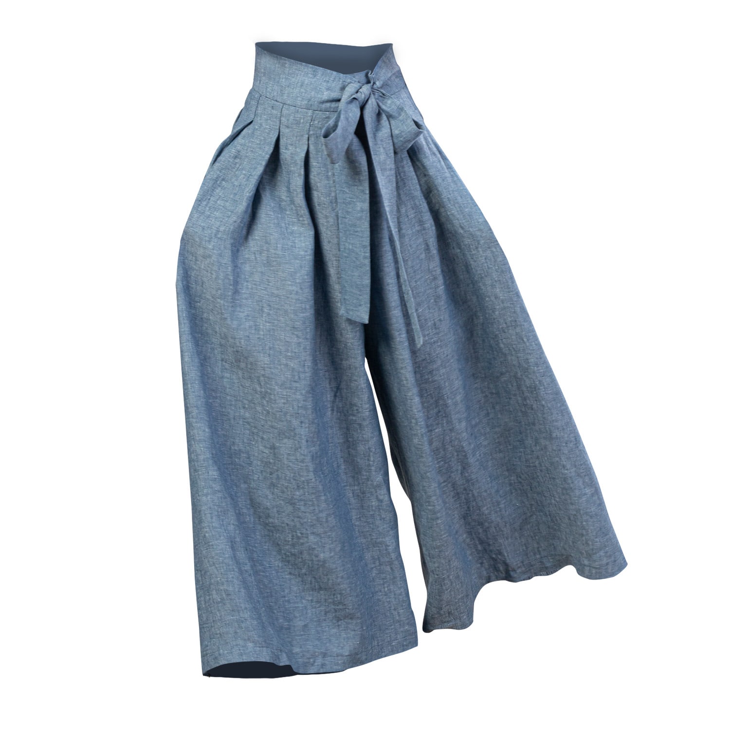 Women’s Wide Leg Baggy Linen Pants With High Waist And Front Tie In Blue Melange | Large | Nikka Place