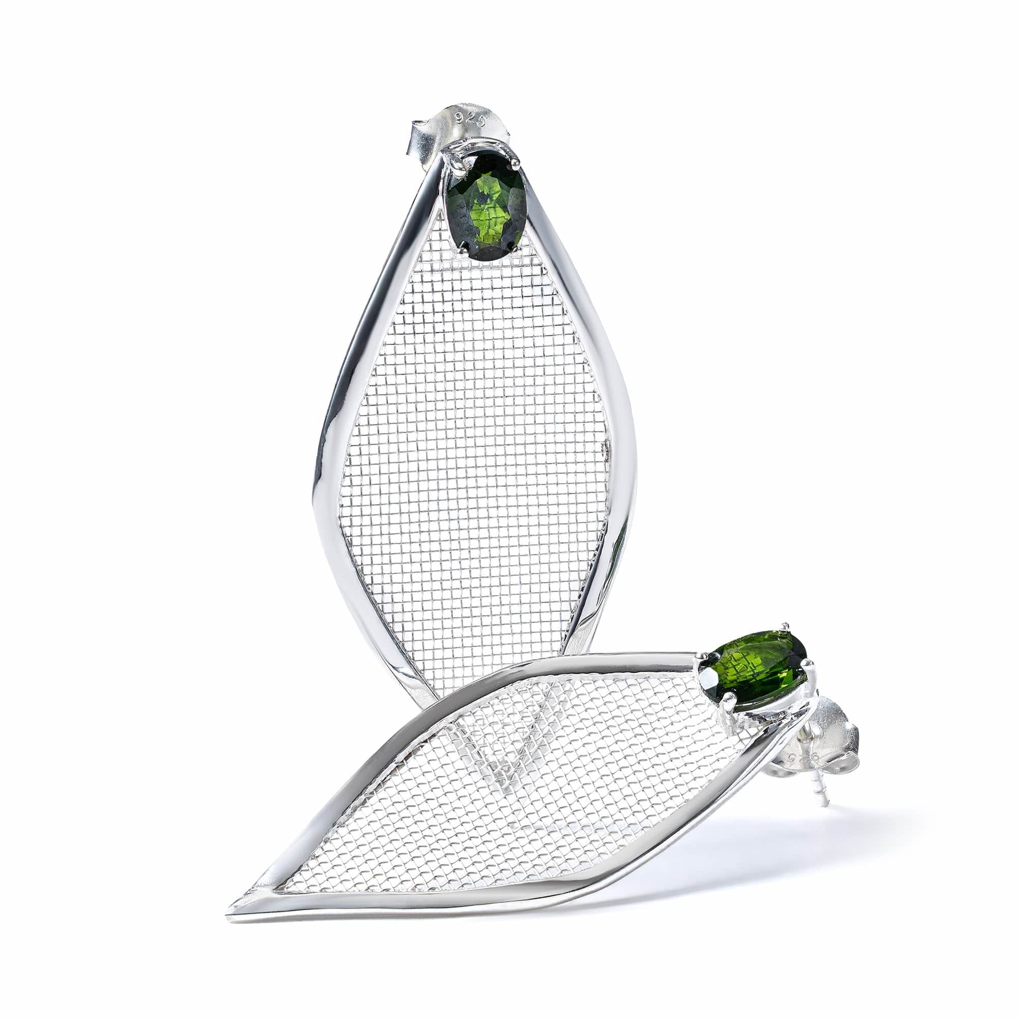 German Kabirski Women's Silver / Green Liora Asymmetric Sterling Silver & Titanium Mesh Earrings With Oval Cut Chrom