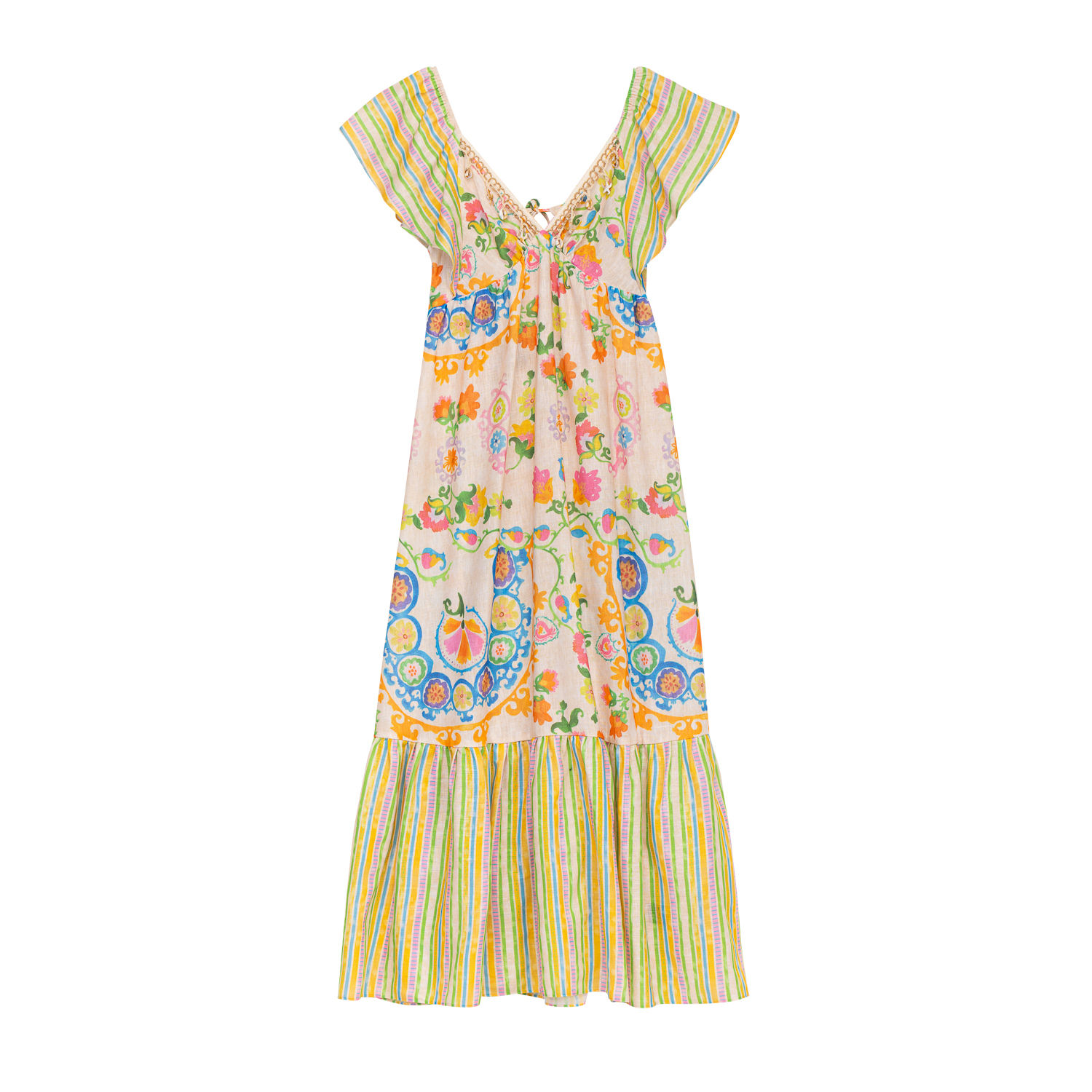 Tantra Spain Sl Women's Printed Maxi Dress With Flounces And Pendants In Neckline