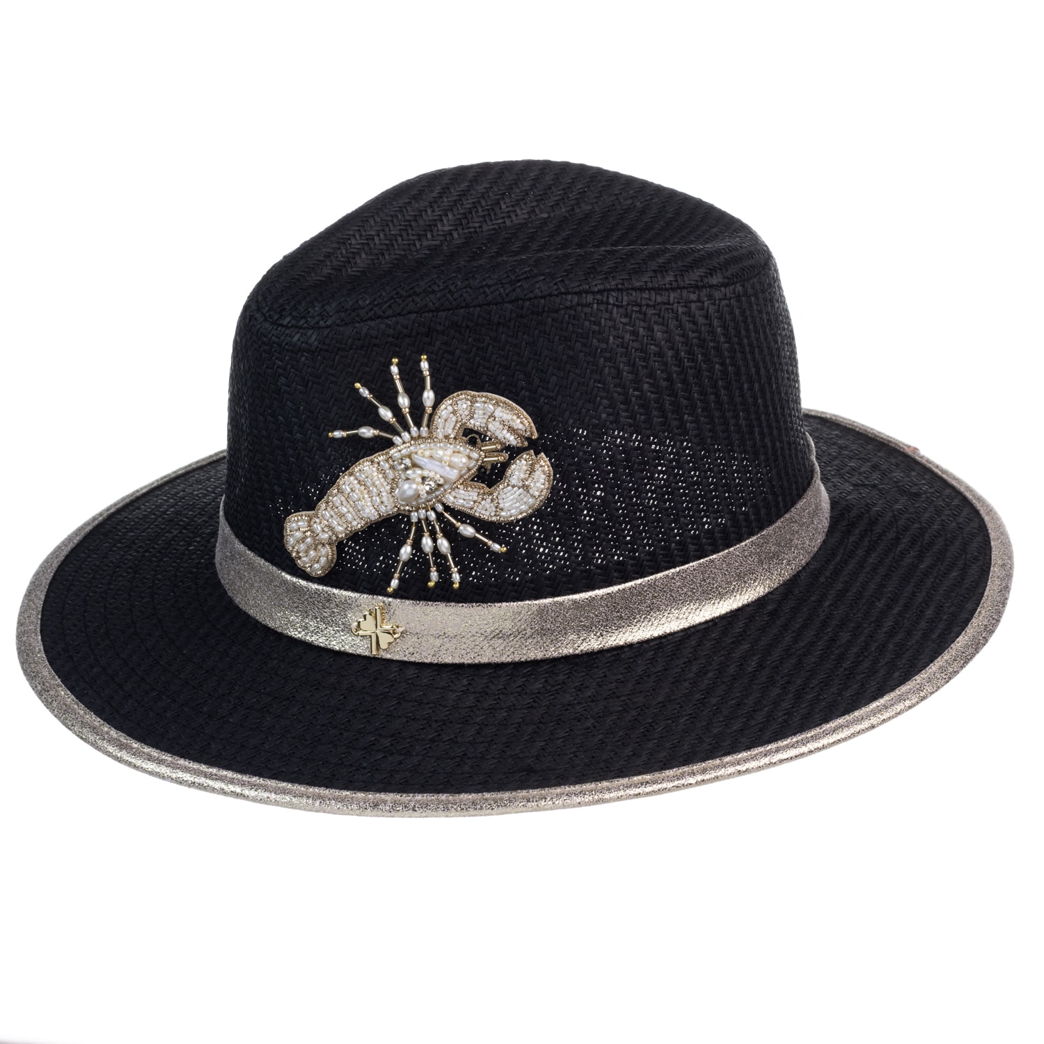 Women’s Straw Woven Hat With Pearl Beaded Lobster - Black One Size Laines London