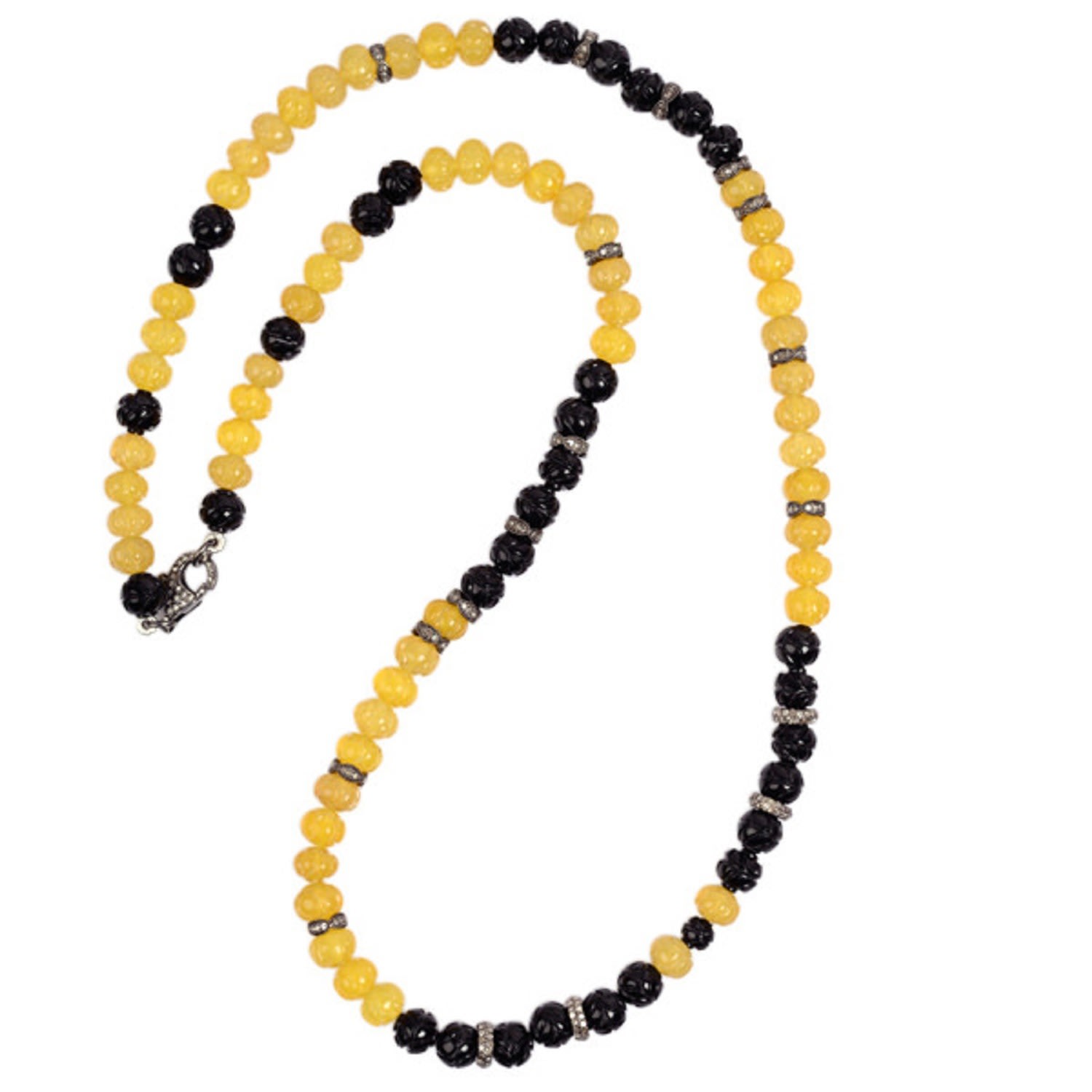 Women’s Yellow / Orange Onyx & Yellow Agate With Pave Diamond Beaded Opera Necklace In 925 Sterling Silver Artisan