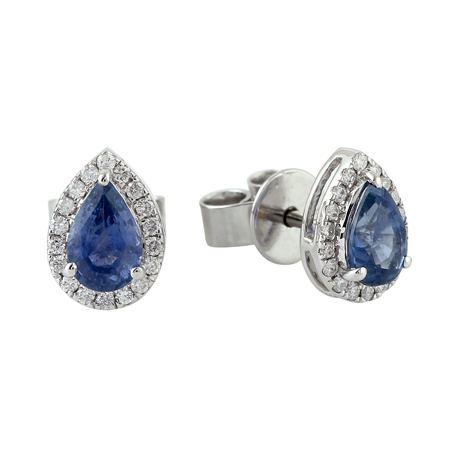 Women’s Blue / White Pear Shape Mini Stud Earrings Diamond 18K White Gold Blue Sapphire Artisan