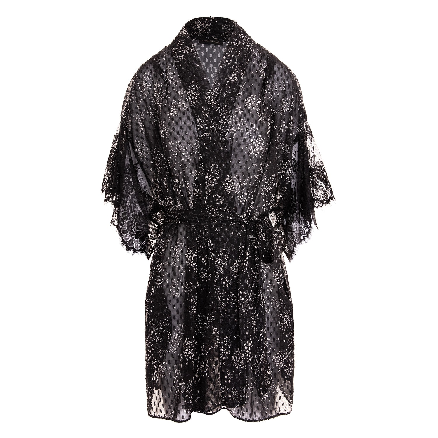 Women’s Black Printed Veil Kimono With Chantilly Lace Details Extra Small Concept a Trois