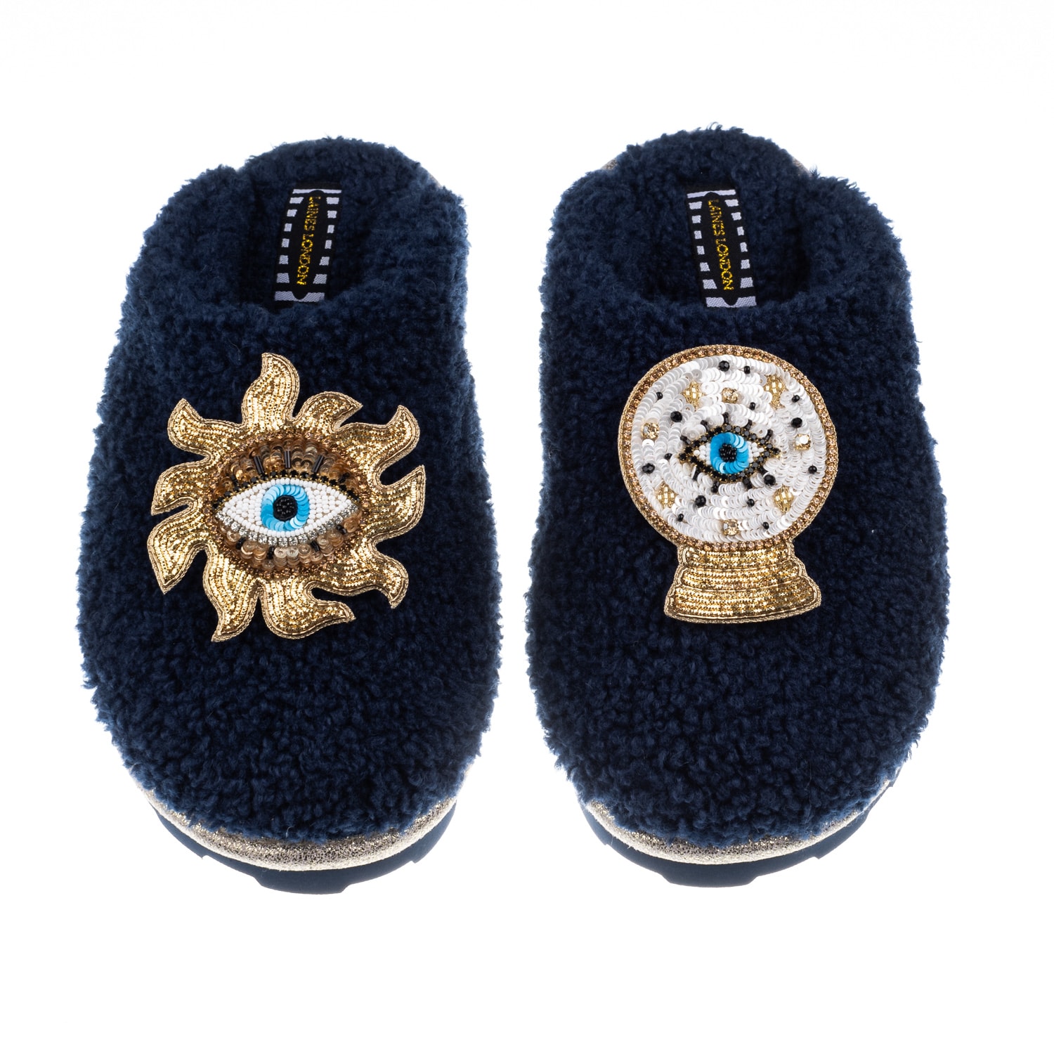 Women’s Blue Teddy Towelling Closed Toe Slippers With Mystic Eyes Brooches - Navy Small Laines London