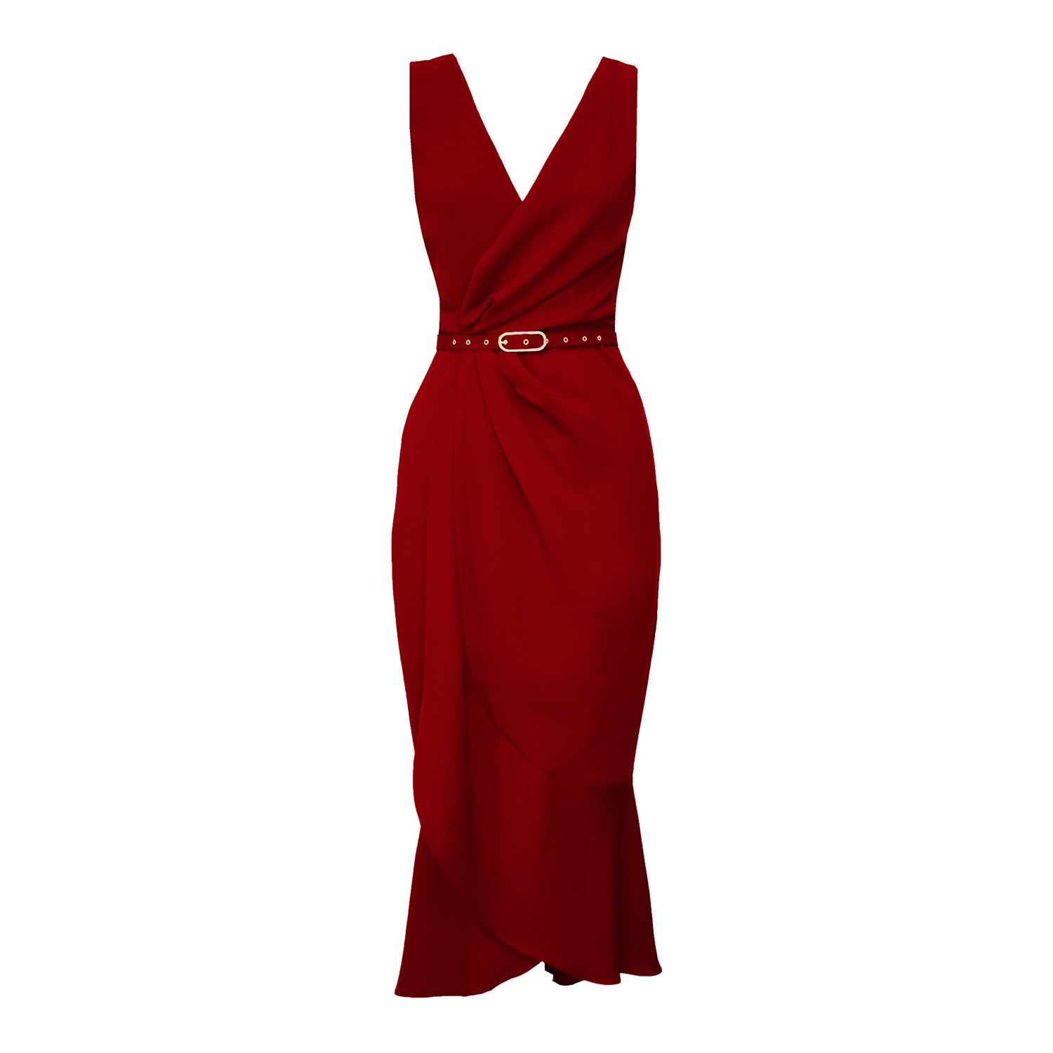Alina Cernatescu Women's Fame Dark  Red  Midi Dress With Textile Belt And V-neck In Red