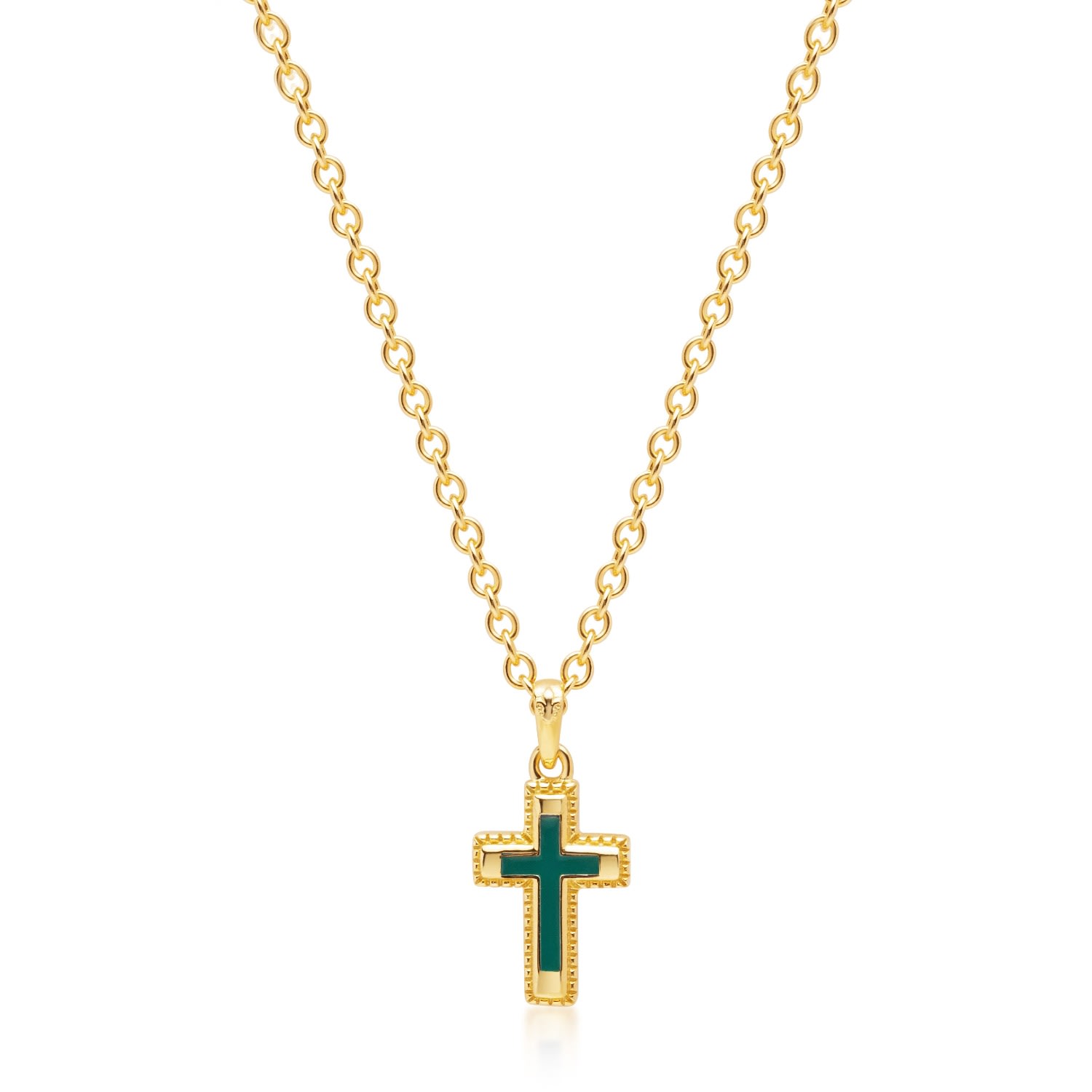 Men’s Sterling Silver Gold Plated Mini Cross Necklace With Green Enamel Nialaya