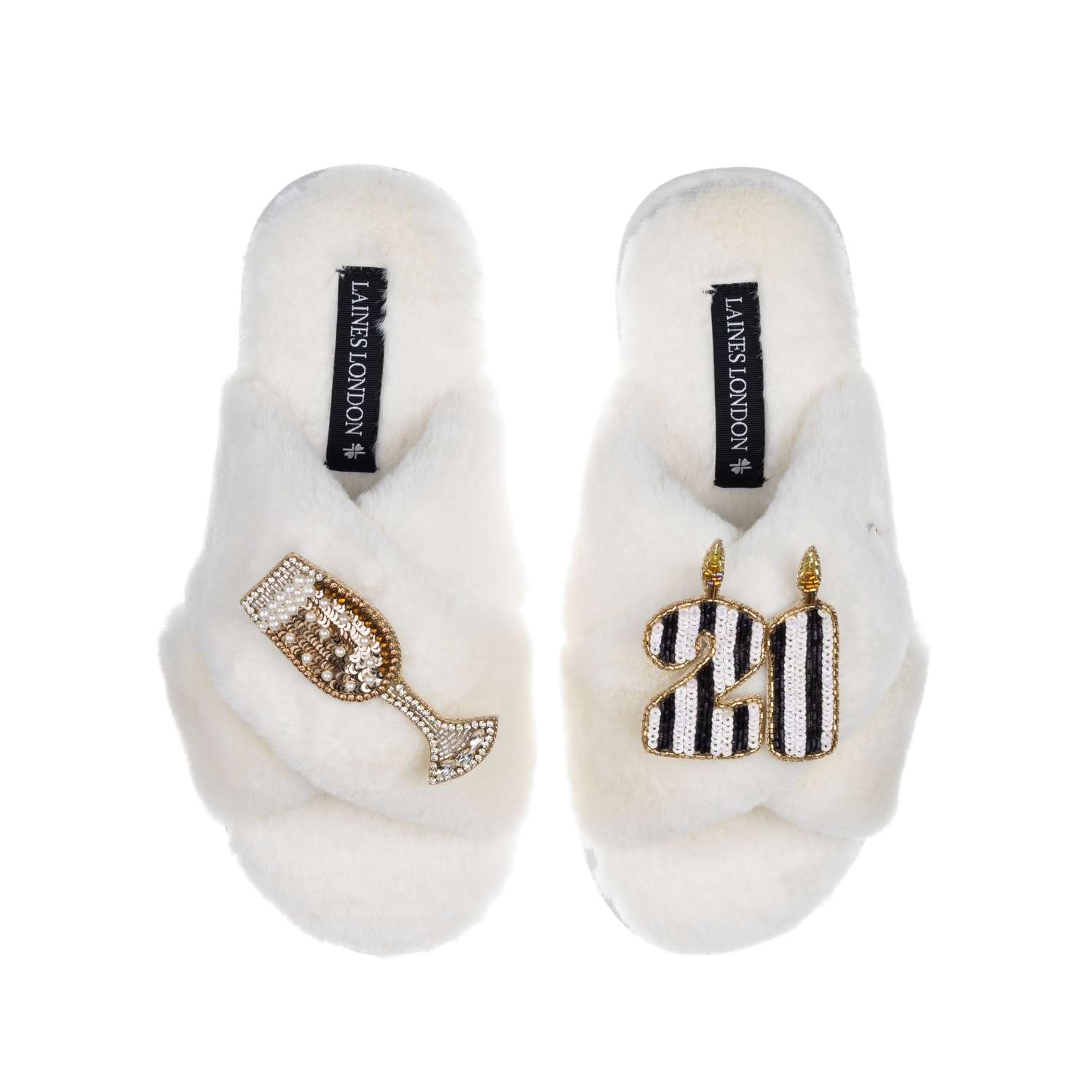 Laines London Women's White Classic Laines Slippers With Stripe 21st Birthday & Glass Of Champagne Brooches - Crea In White