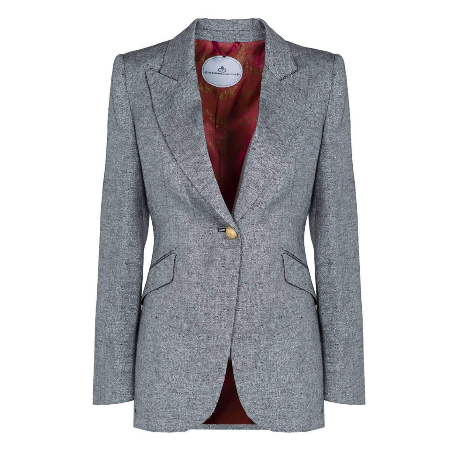 Women’s Grey Single Breasted Gray Metallic Linen And Cotton Blend Blazer With Pockets Rileta Large The Extreme Collection