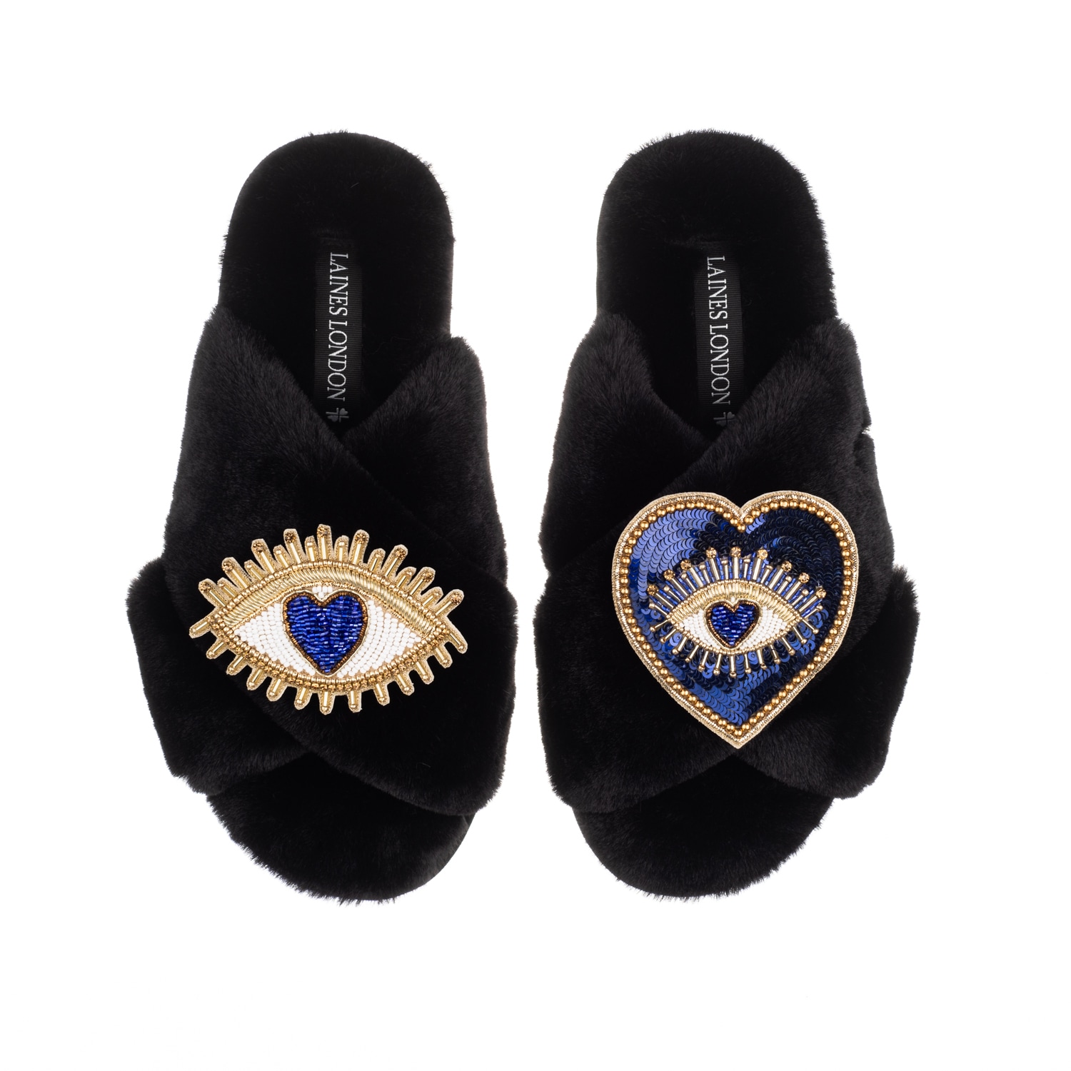 Laines London Women's Classic Laines Slippers With Double Blue Heart & Love Eye Brooches - Black In Black