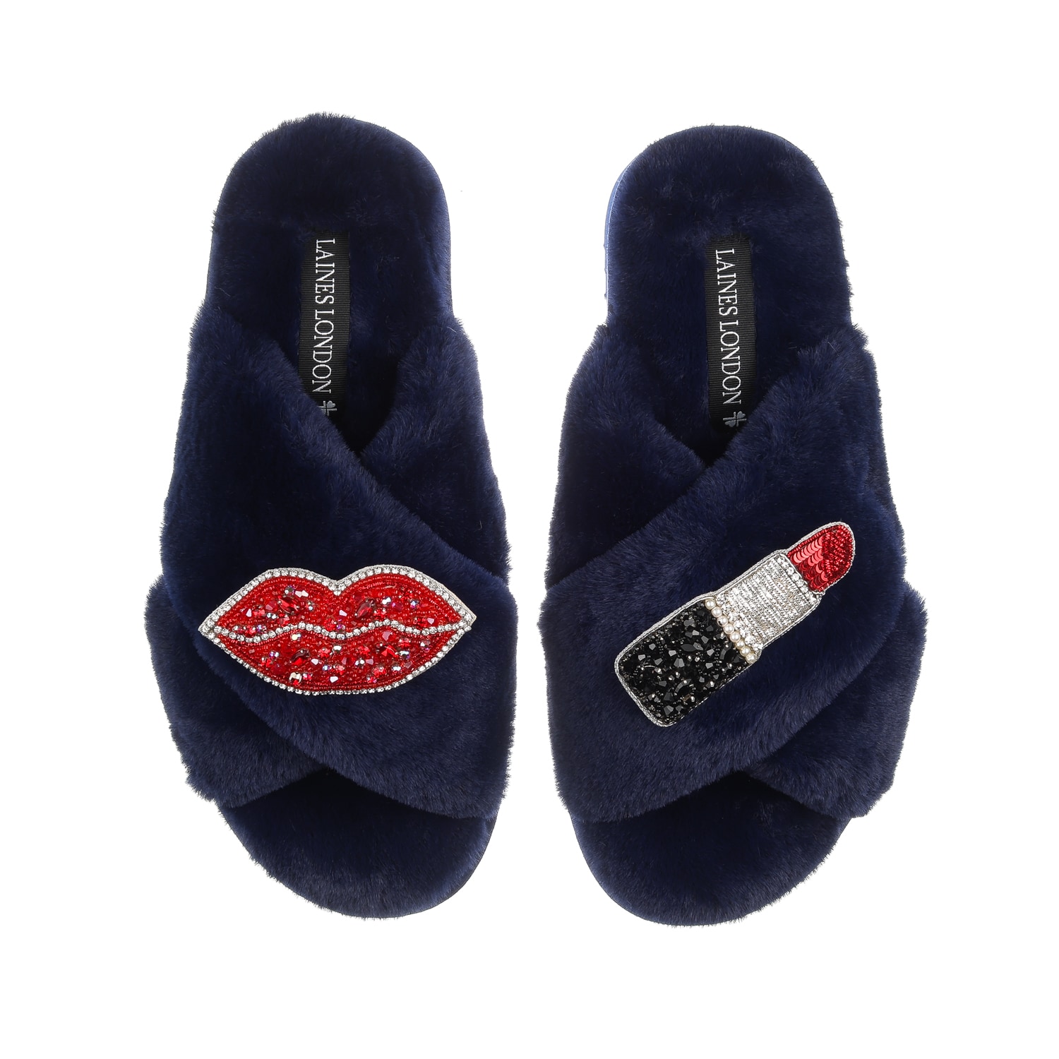 Women’s Blue Classic Laines Slippers With Red & Silver Pucker Up Brooches - Navy Medium Laines London