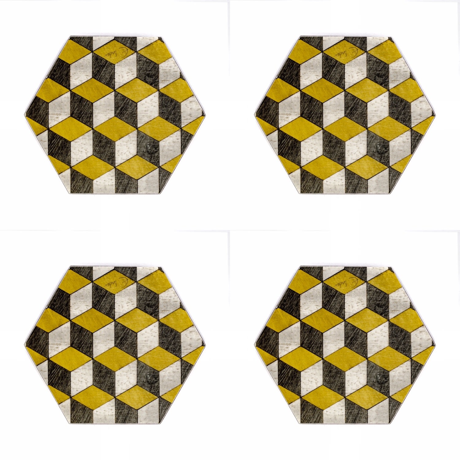 E. Inder Designs Teapot Stand And Coasters Set In Mid Century Modern Mustard And Grey Heat Proof Melamine. A Unique P In Multi