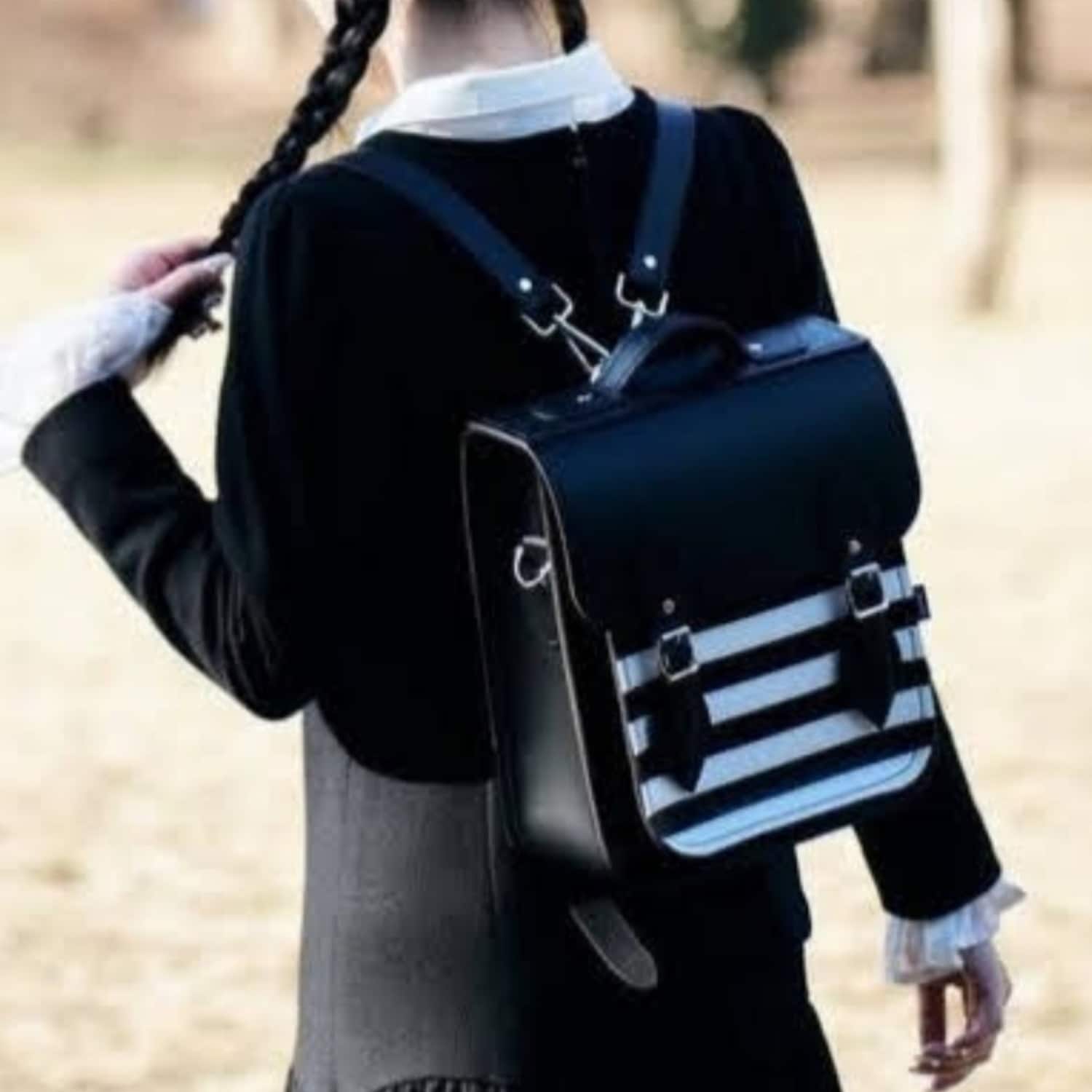 Handmade Leather City Backpack - Gothic Striped White & Black