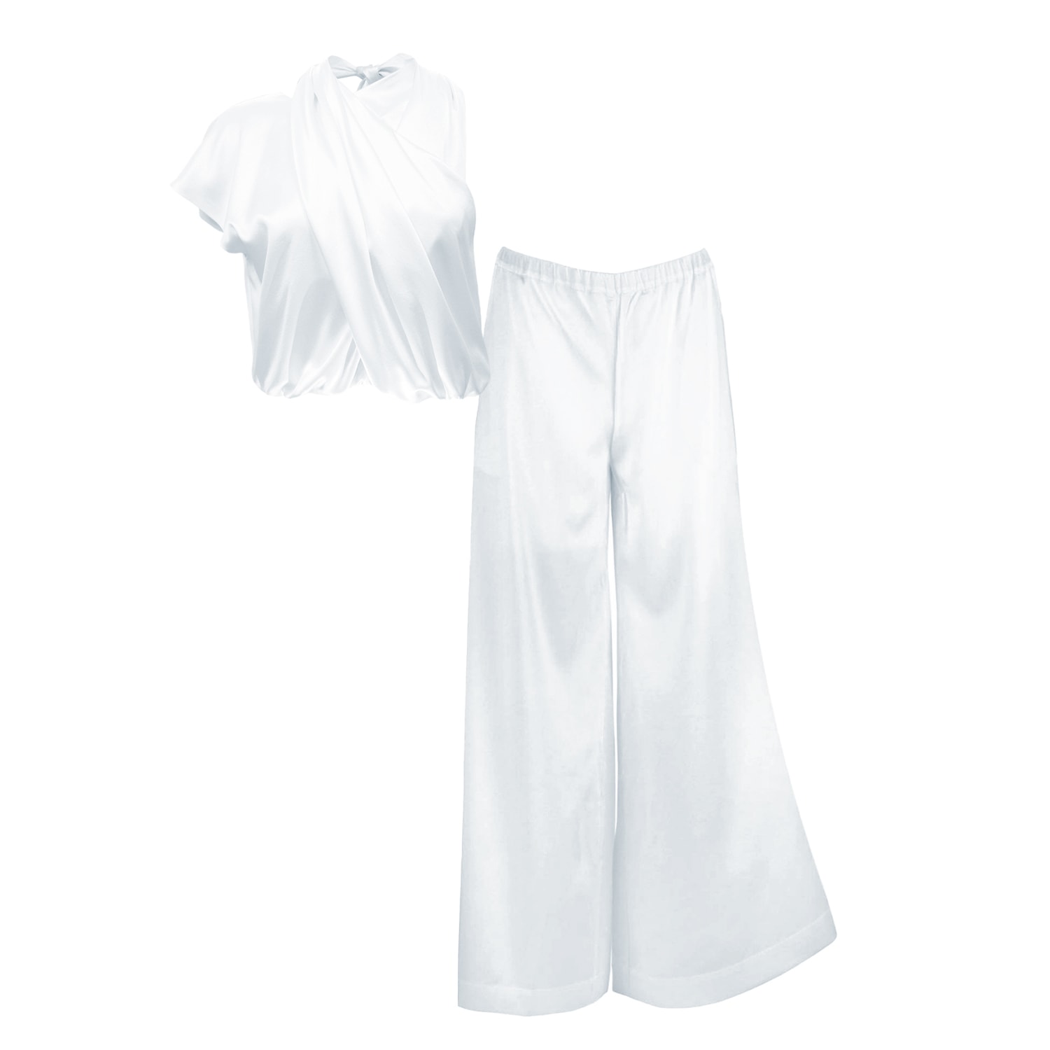 Silk Palazzo Pants & Top Set ’Danielle & Leto’ In Milk White Large Alas