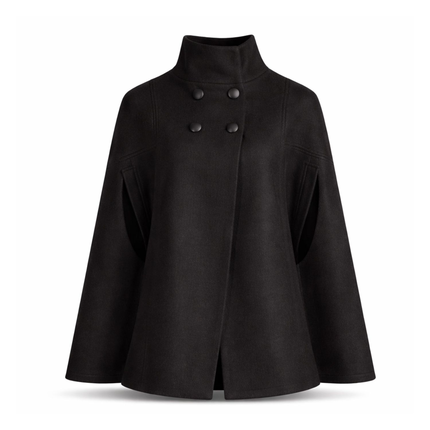 Wool Military Pea Coat With Front Buttons & High Neck In Black