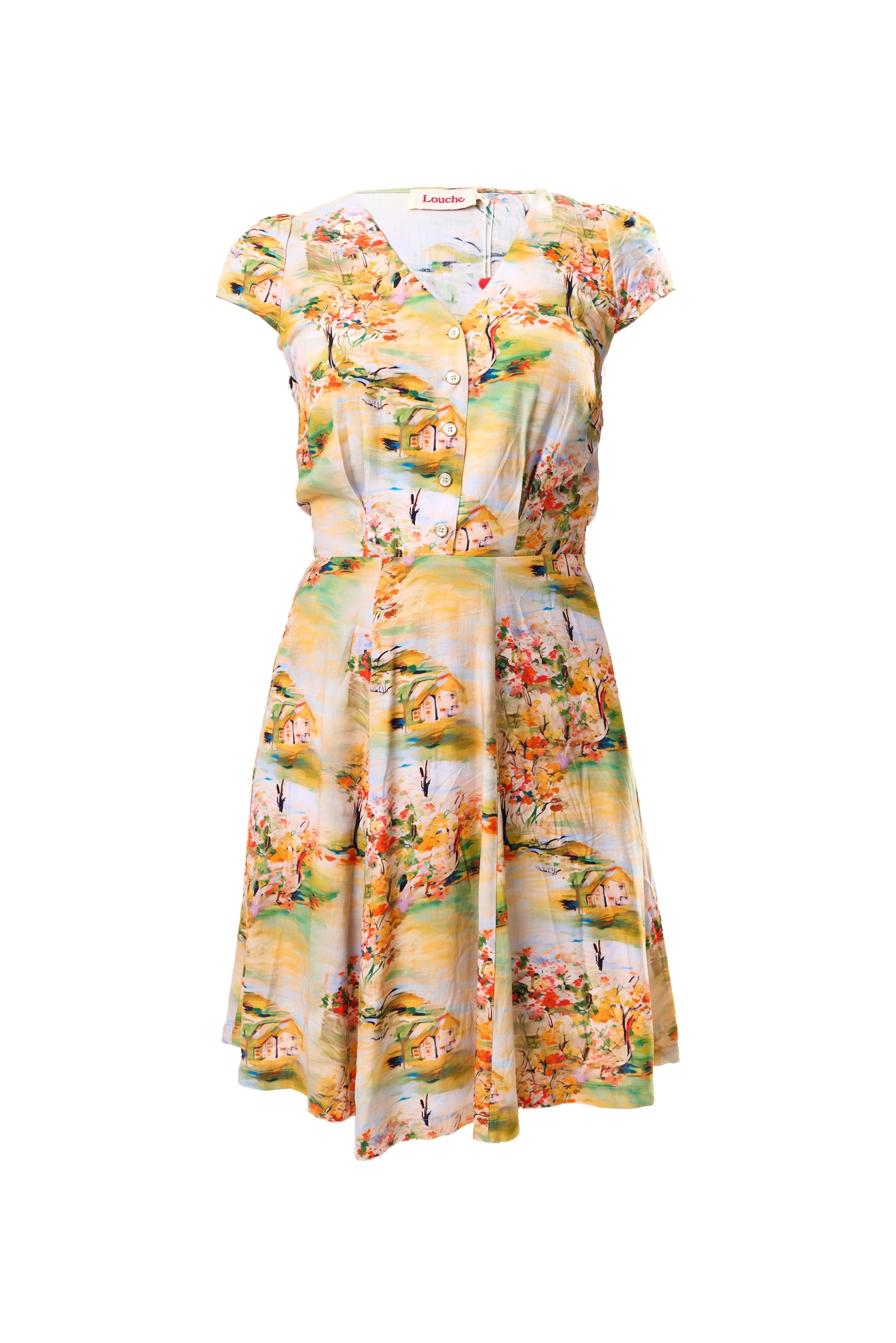 Louche Women's Yellow / Orange Cathleen Mini Oriental Landscape Print Tea Dress - Yellow