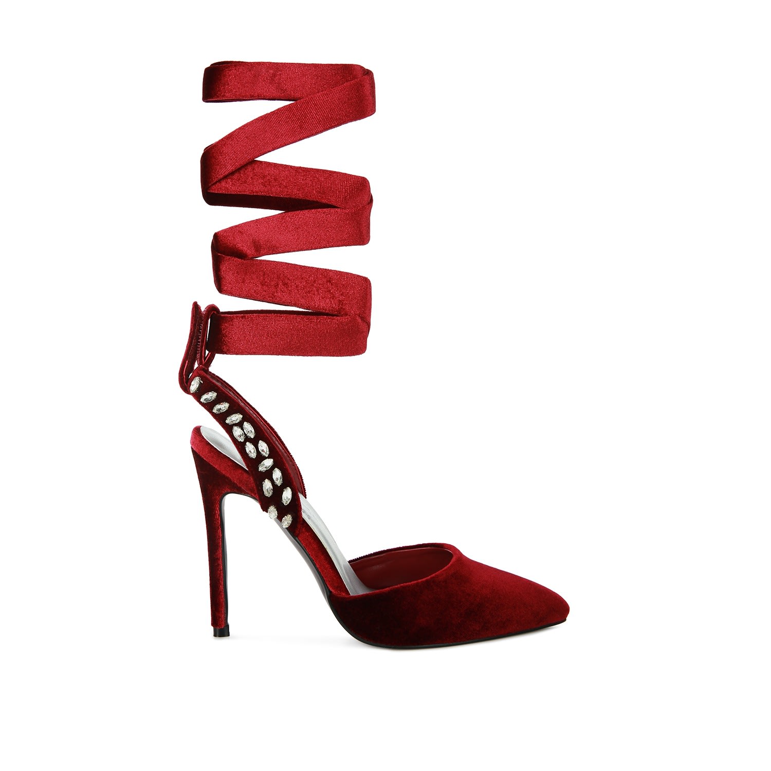 Rag & Co Women's Red Wallis Burgundy Velvet Diamante Stud Tie Up Sandals