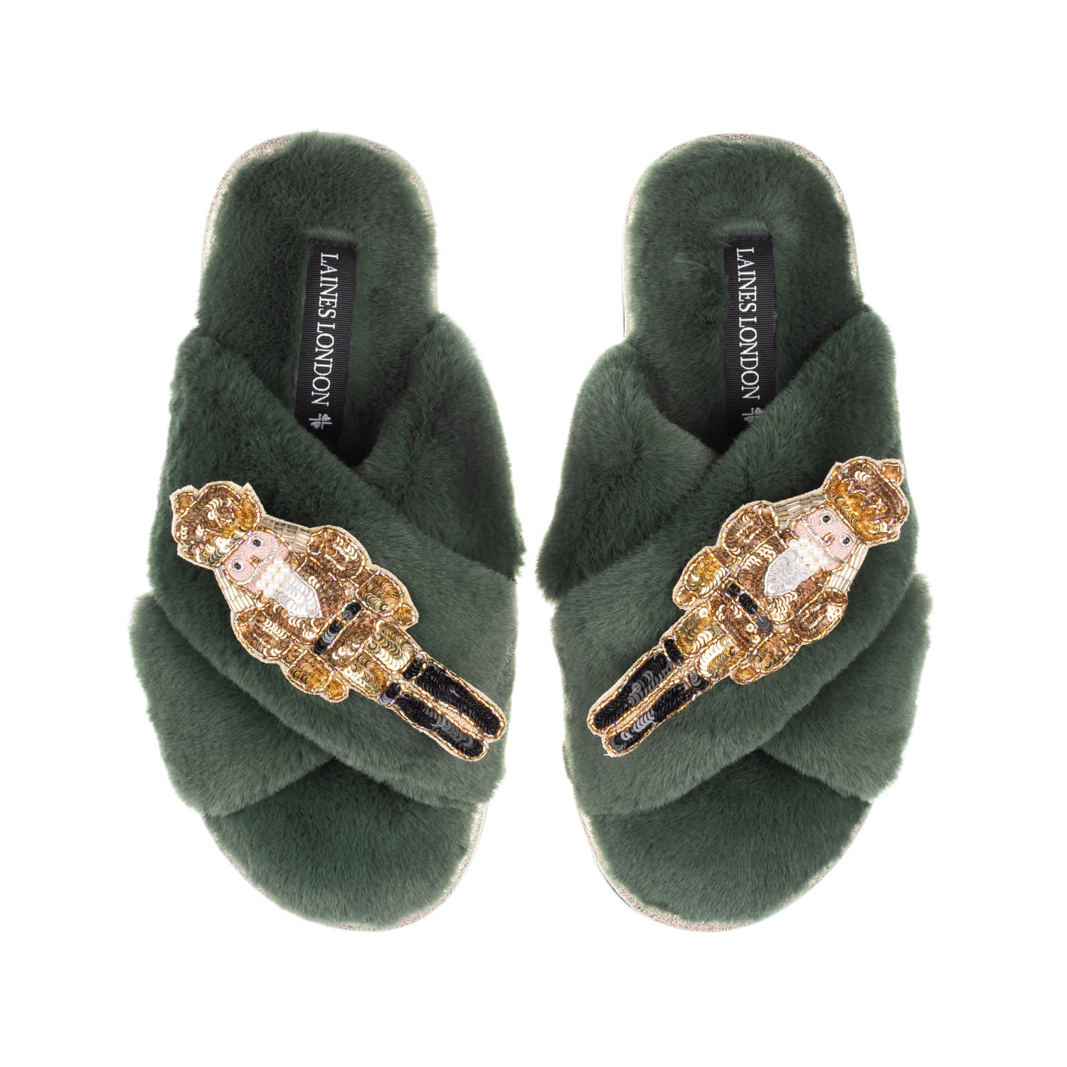Laines London Women's Classic Laines Christmas Collection Slippers With Double Gold Grand Nutcrackers Brooches - L In Green