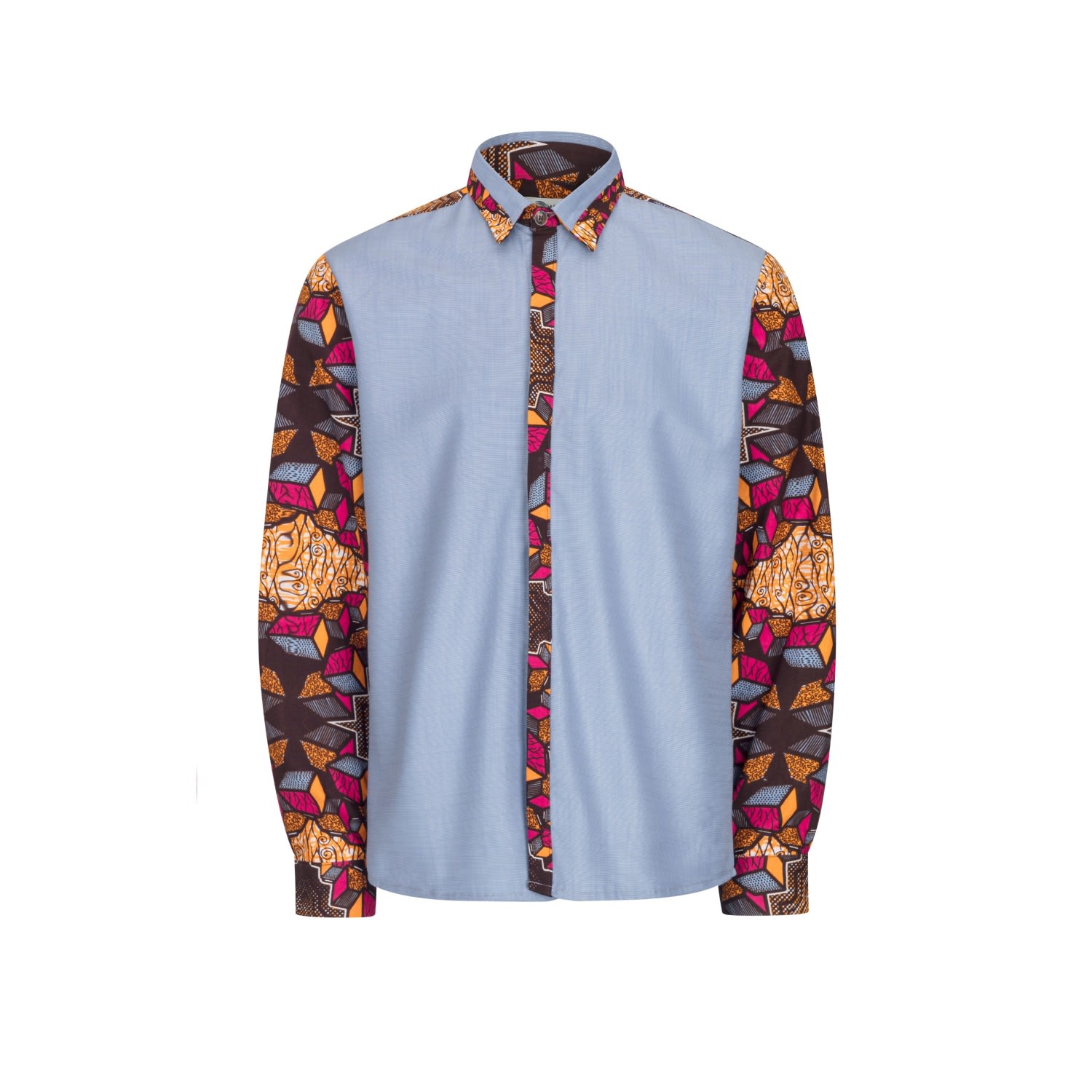 Ohema Ohene Men's African Print Shirt Contrast Panel- Cubic In Black