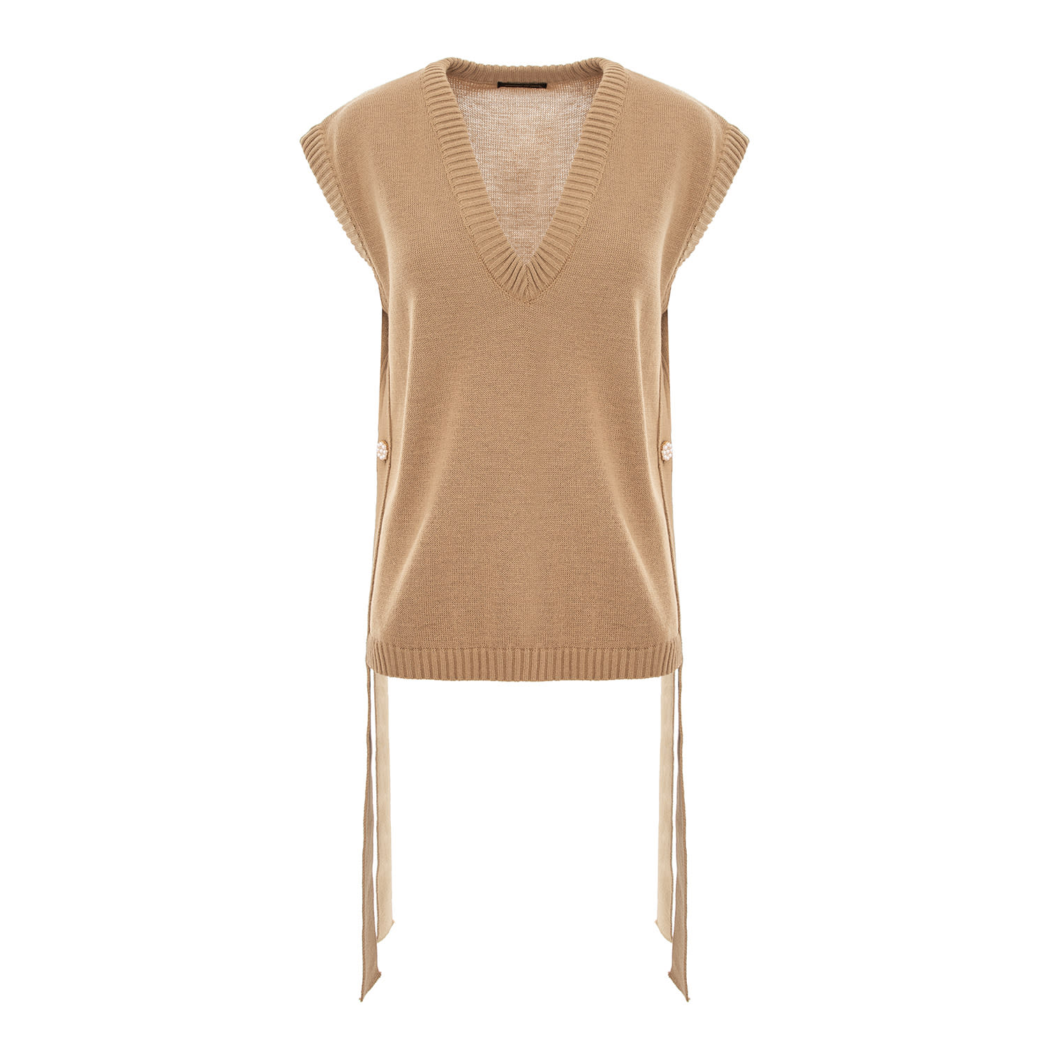 Concept A Trois Women's Neutrals Camel Knitted Vest With Side Ribbons In Beige