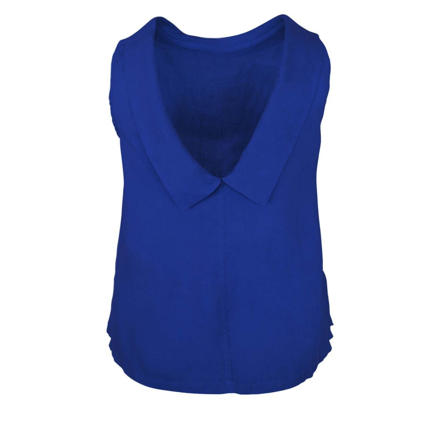 Haris Cotton Women's Blue Boat Neckline Sleeveless Linen Top With Deep "v" Back Lapis In Blue