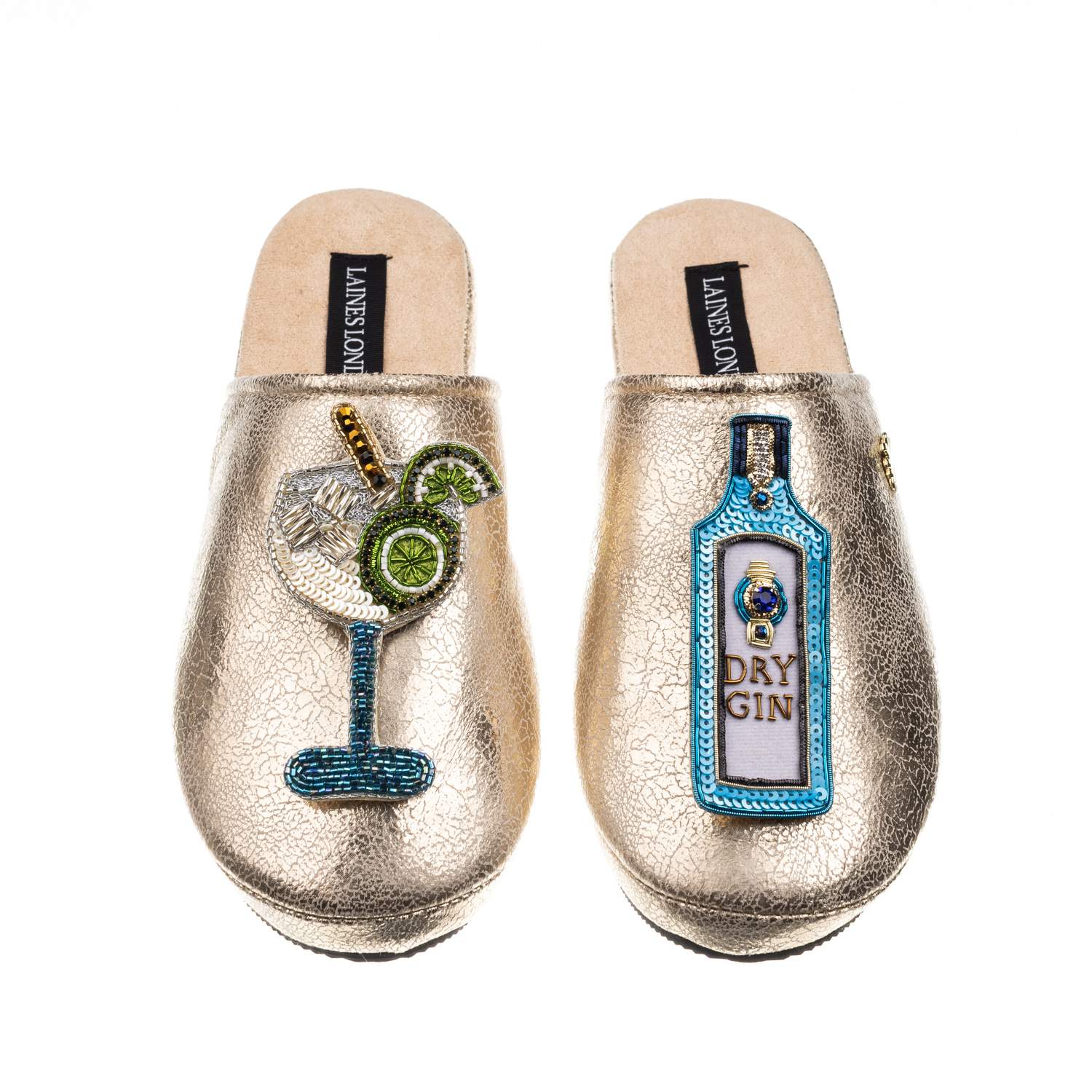 Laines London Women's  Gold Softie Slippers With Sapphire Gin Brooches In Gold