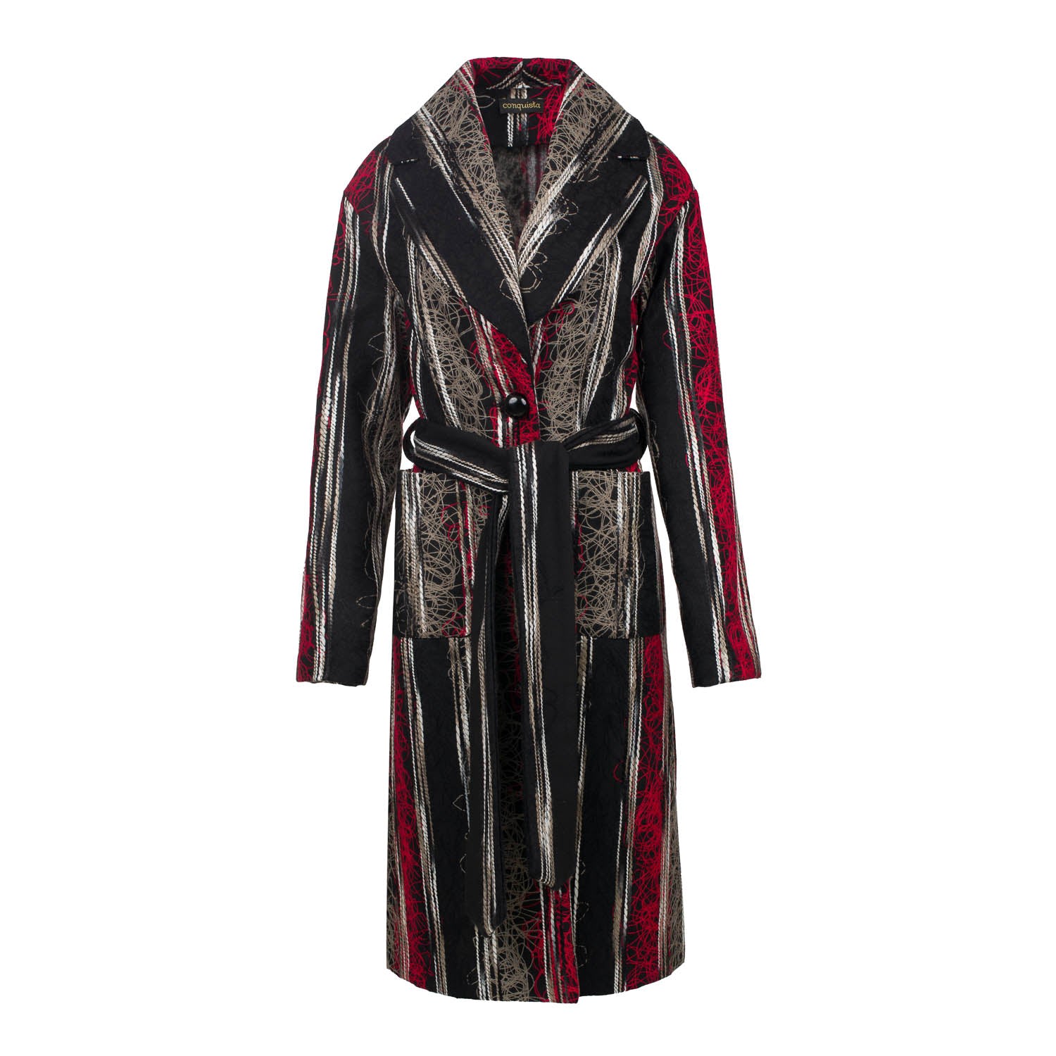 Conquista Women's Multicoloured Long Wool Blend Jacquard Style Coat With Belt In Black/red