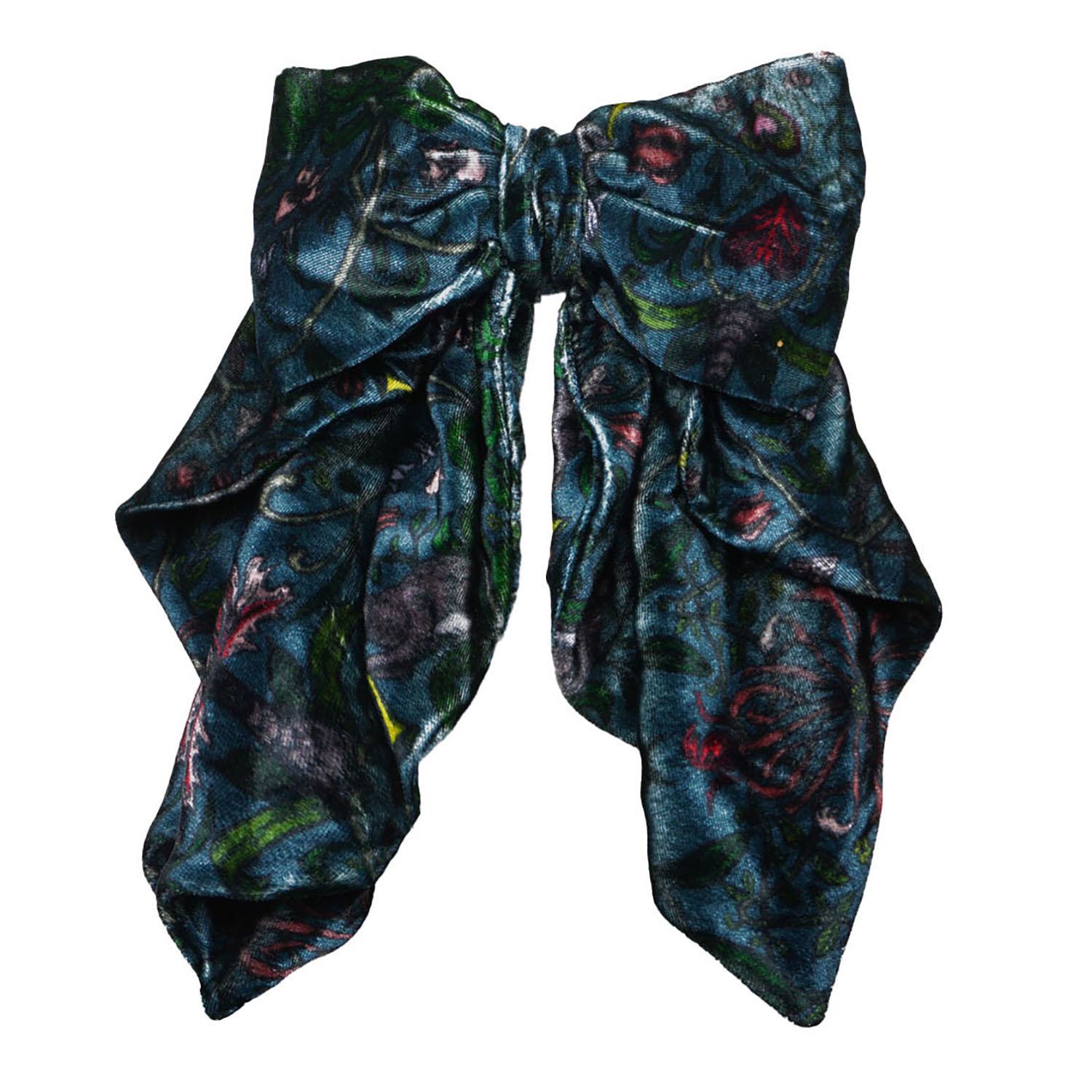 Natalia Petruch Women's Blue Eloise Hair Clip Silk Velvet Bow In Mystic Rabbit Print In Blue