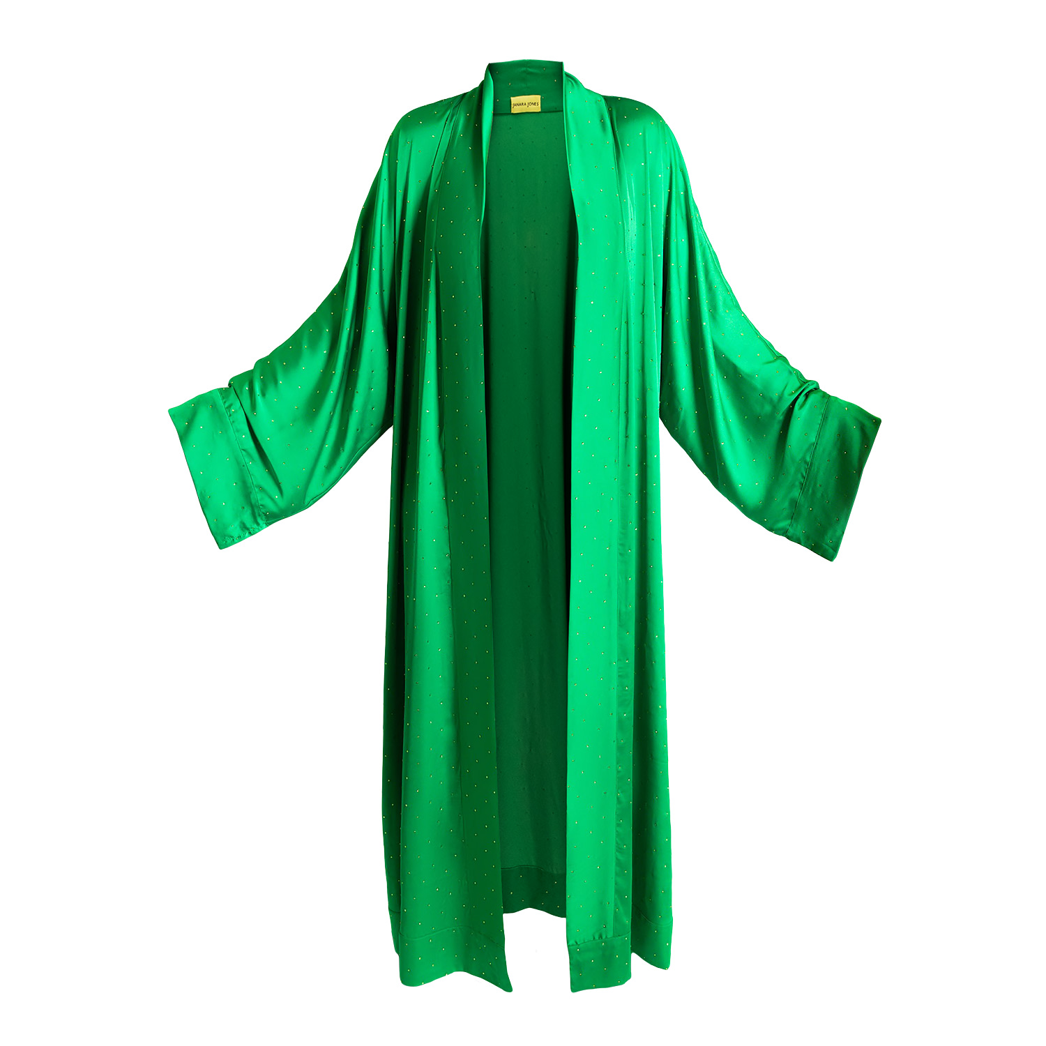 Women’s Green Emerald Rhinestones Satin Long Abaya Kaftan One Size Janara Jones