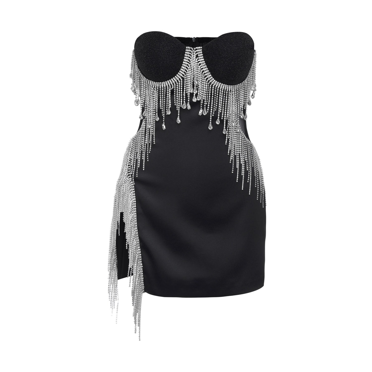 Lassyvn Women's Black / Silver Black Rhinestone Tassel Mini Dress In Black/silver