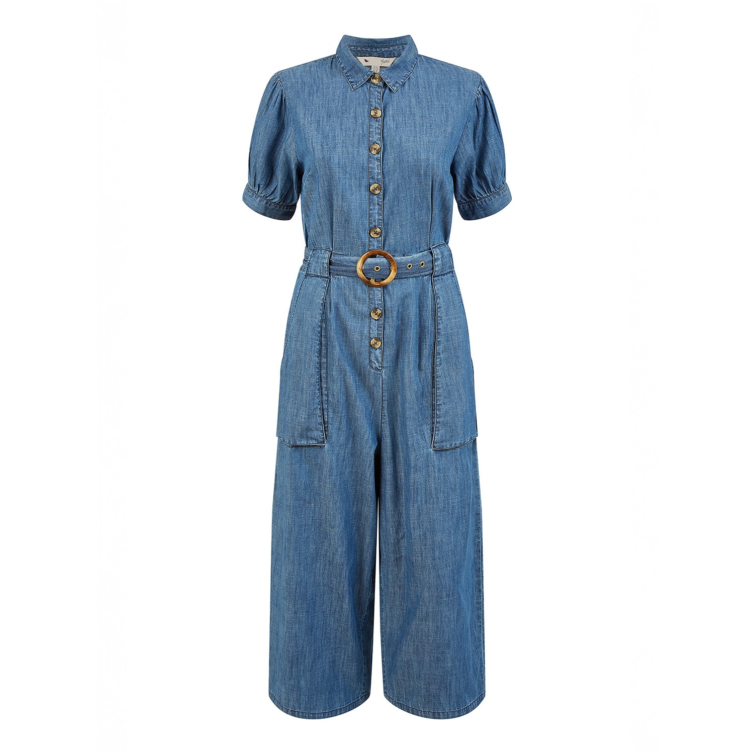 Yumi Women's  Blue Cotton Chambray Button Up Jumpsuit