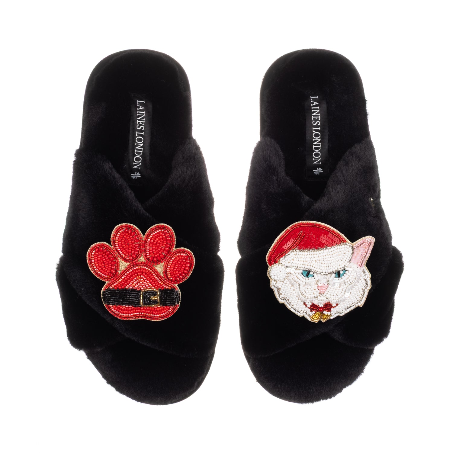 Laines London Women's Classic Slippers With Christmas White Persian Cat & Paw Brooches - Black In Black