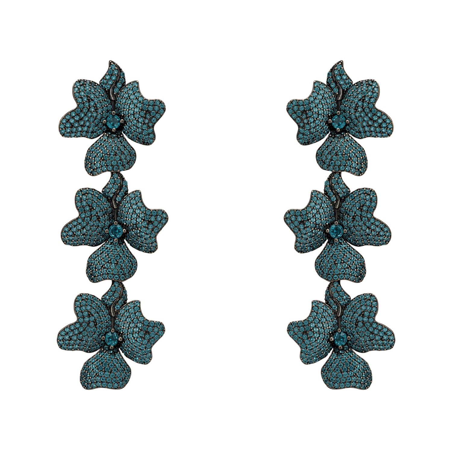 Women’s Silver / Black / Blue Jasmine Flower Triple Drop Earrings Aqua Latelita