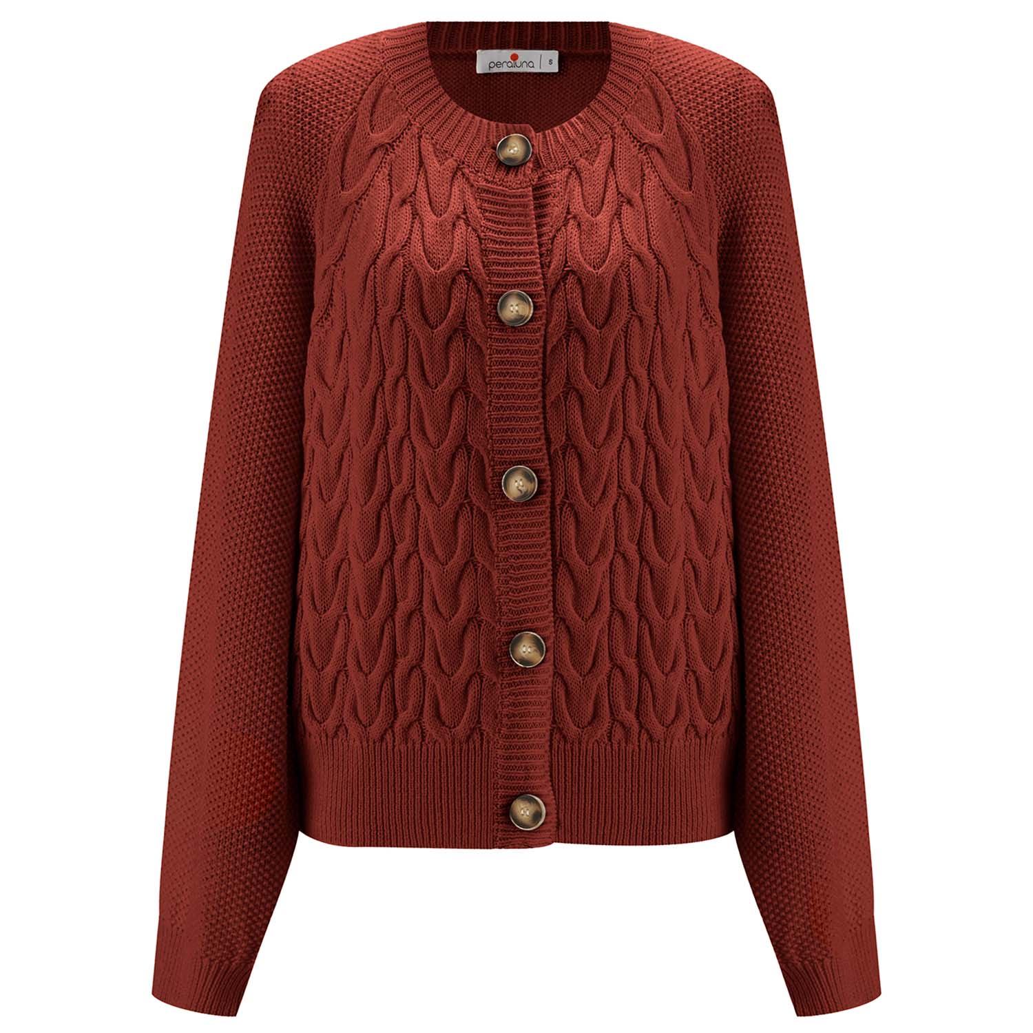 Peraluna Women's Brown May Cardigan Cable Knit Balloon Sleeve  In Burnt Umber In Brown